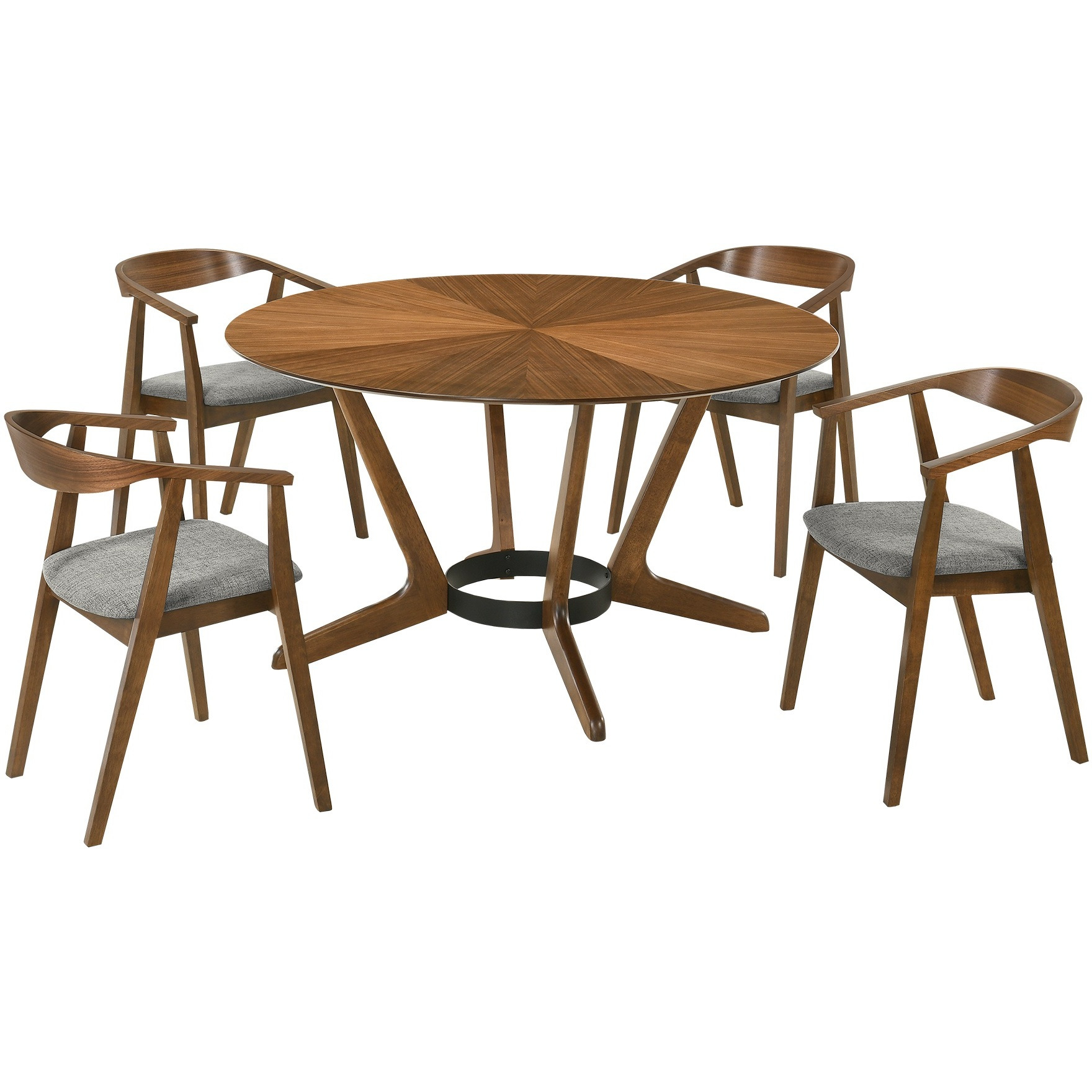 Santana 5 Piece Round Walnut Wood Dining Table Set With Charcoal Fabric