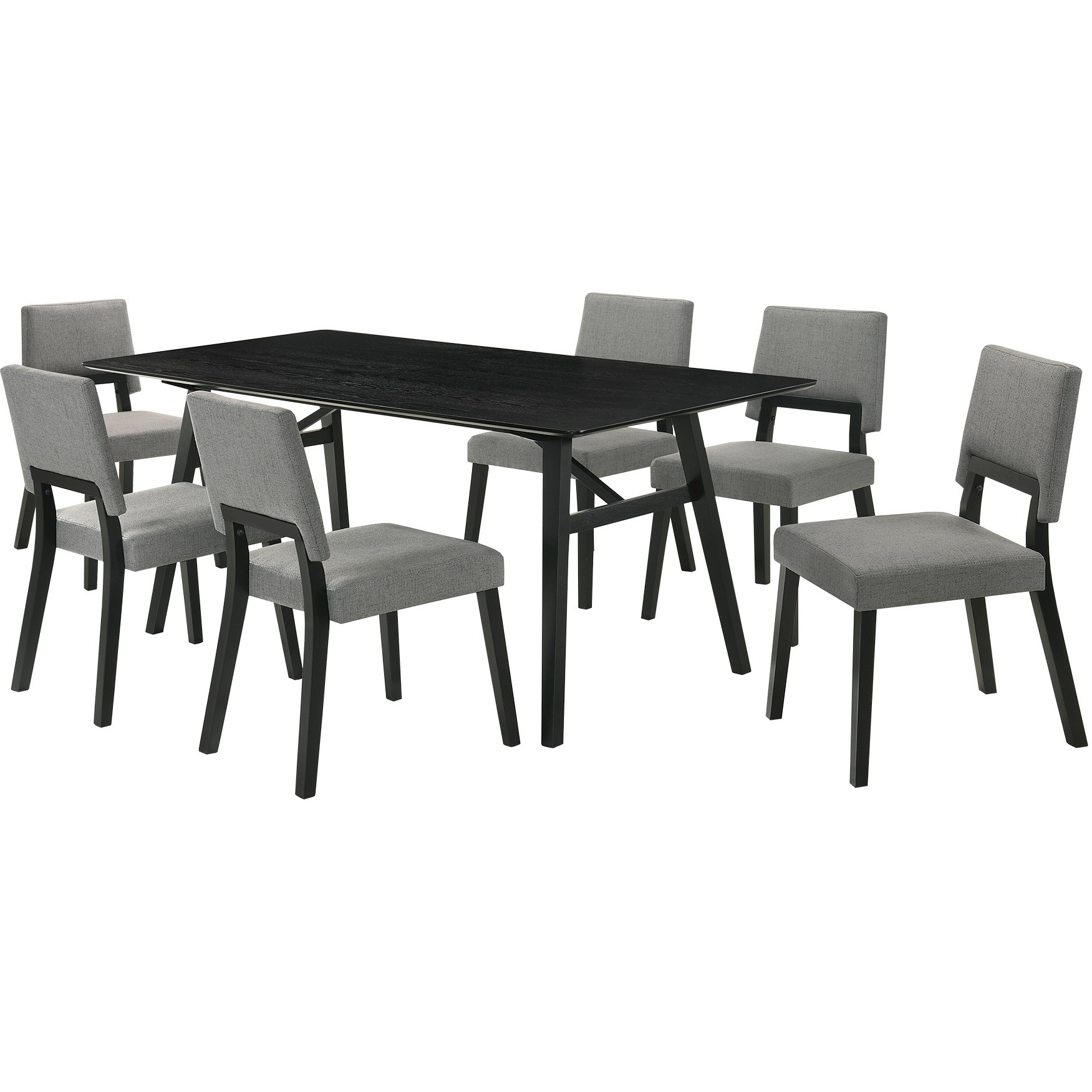 Channell 7 Piece Black Wood Dining Table Set With Charcoal Fabric