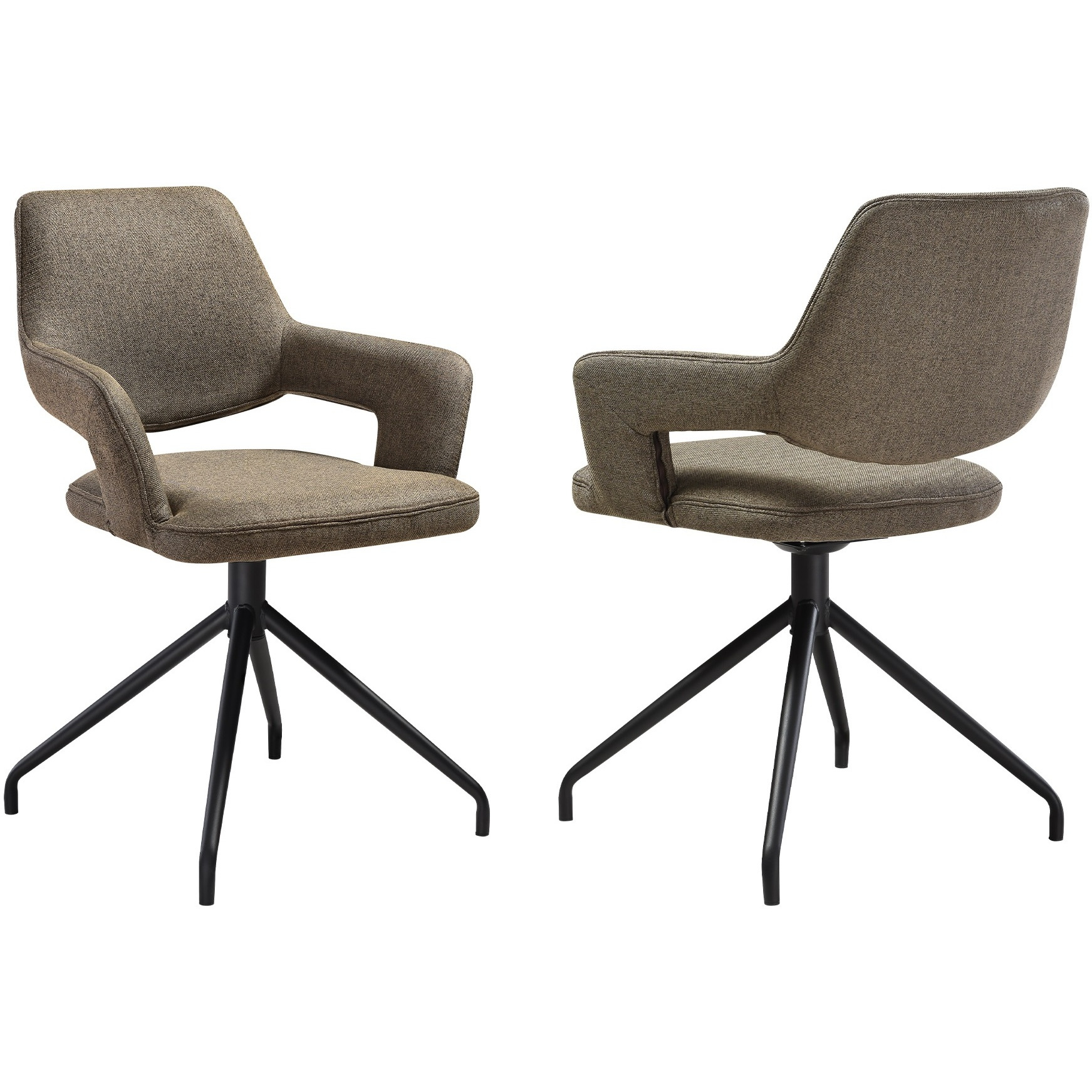 Penny Swivel Upholstered Dining Chair In Brown Fabric With Black Metal Legs - Set Of 2