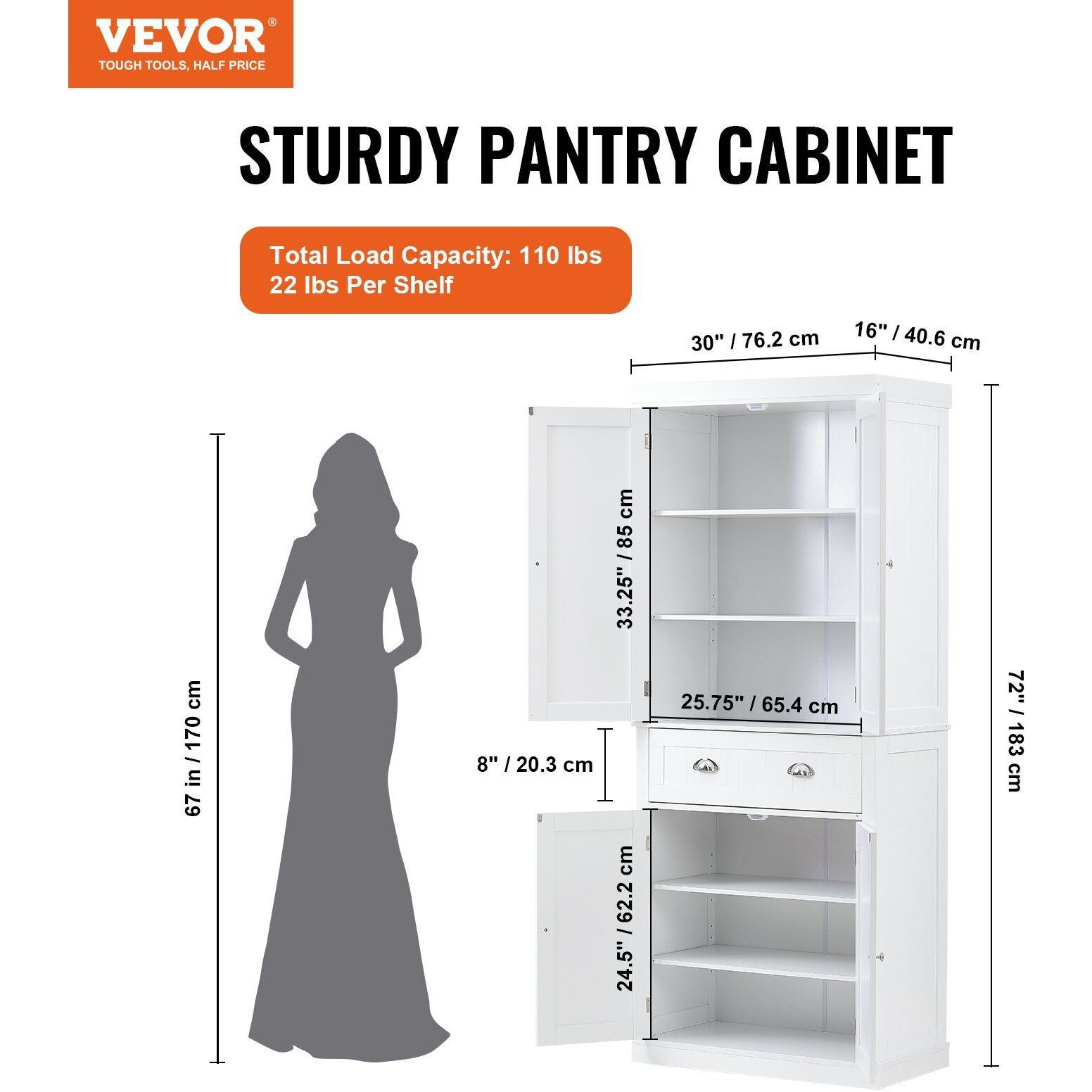 Vevor 72"" Kitchen Pantry Storage Cabinet  Freestanding Utility Cabinets With Doors  Drawer And 3 Adjustable Shelves  Tall Food Buffet Pantries For Kitchen  Living Room  Dinning Room  Laundry  White