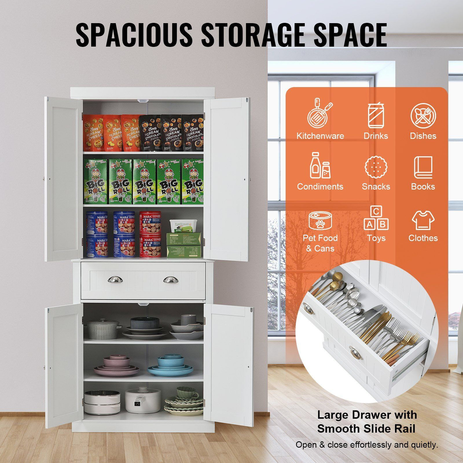 Vevor 72"" Kitchen Pantry Storage Cabinet  Freestanding Utility Cabinets With Doors  Drawer And 3 Adjustable Shelves  Tall Food Buffet Pantries For Kitchen  Living Room  Dinning Room  Laundry  White