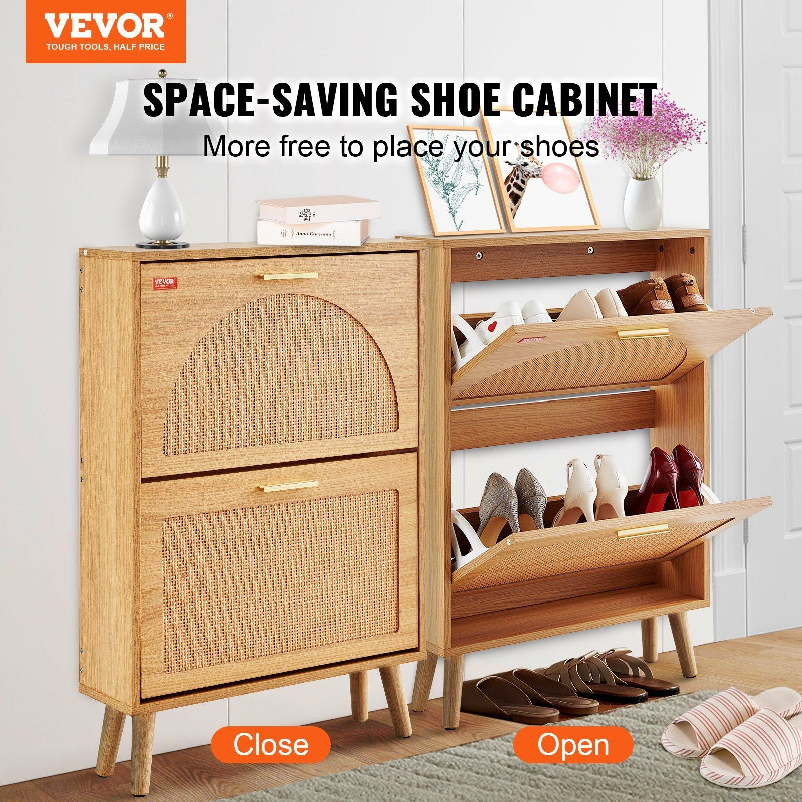Vevor Shoe Cabinet With 2 Flip Drawers  Shoe Storage Cabinet For Entryway  Free Standing Shoe Storage Organizer With Rattan Doors For Heels  Boots  Slippers In Hallway  Living Room