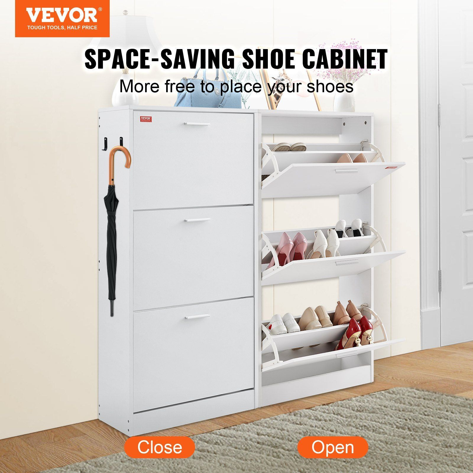 Vevor Shoe Cabinet With 3 Flip Drawers  Shoe Storage Cabinet For Entryway  Free Standing Shoe Storage Organizer With Side Hooks For Heels  Boots  Slippers In Hallway  Living Room