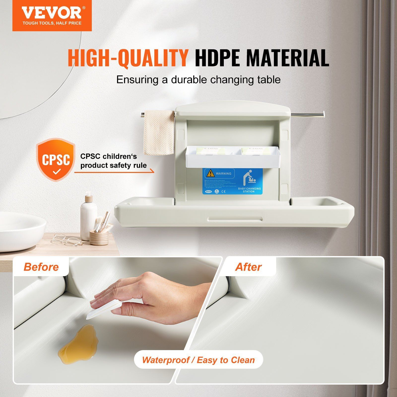 Vevor Wall-Mounted Baby Changing Station  Horizontal Foldable Diaper Change Table With Safety Straps And Hanging Rods  Use In Commercial Bathrooms  Daycare Centers For Newborns & Infant