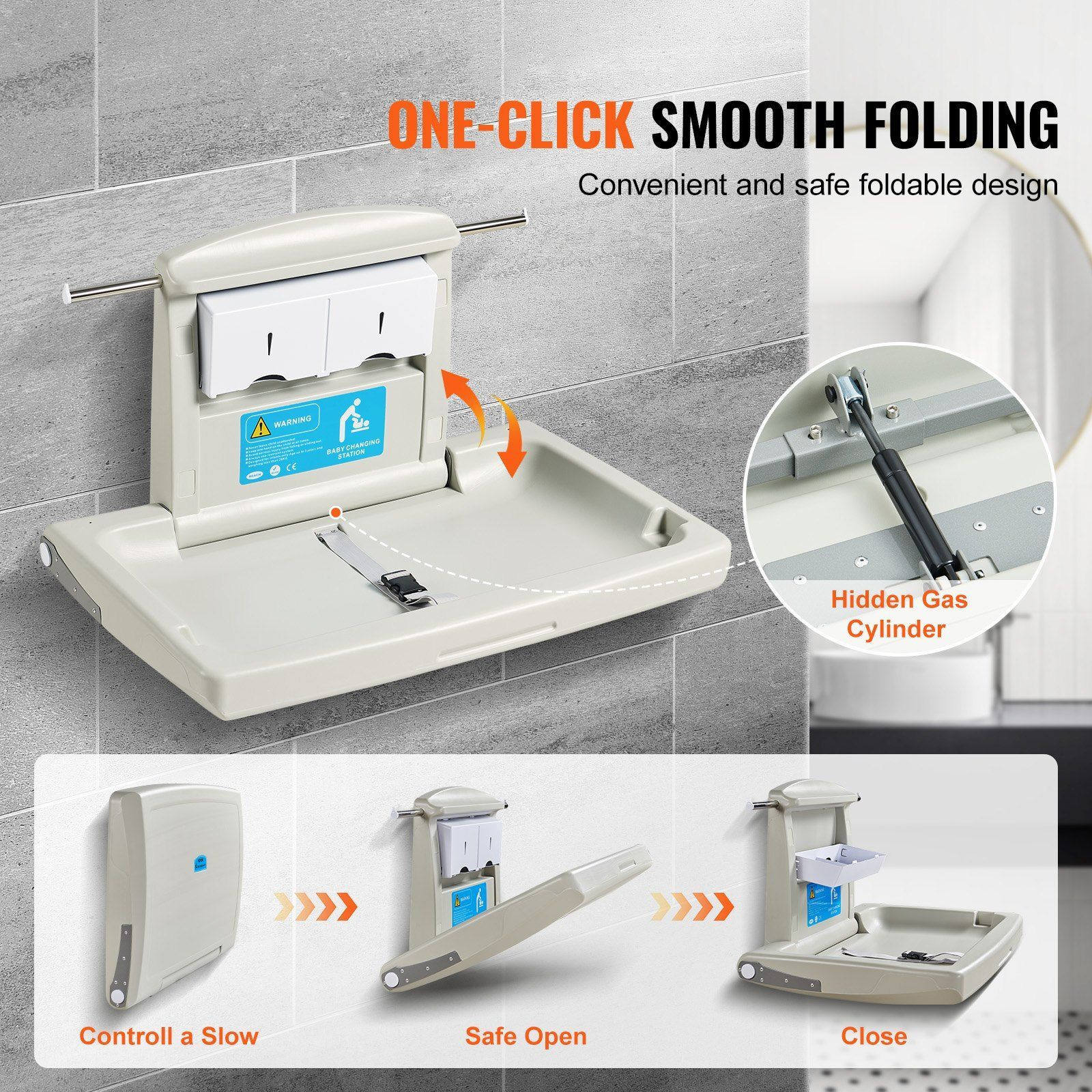 Vevor Wall-Mounted Baby Changing Station  Horizontal Foldable Diaper Change Table With Safety Straps And Hanging Rods  Use In Commercial Bathrooms  Daycare Centers For Newborns & Infant