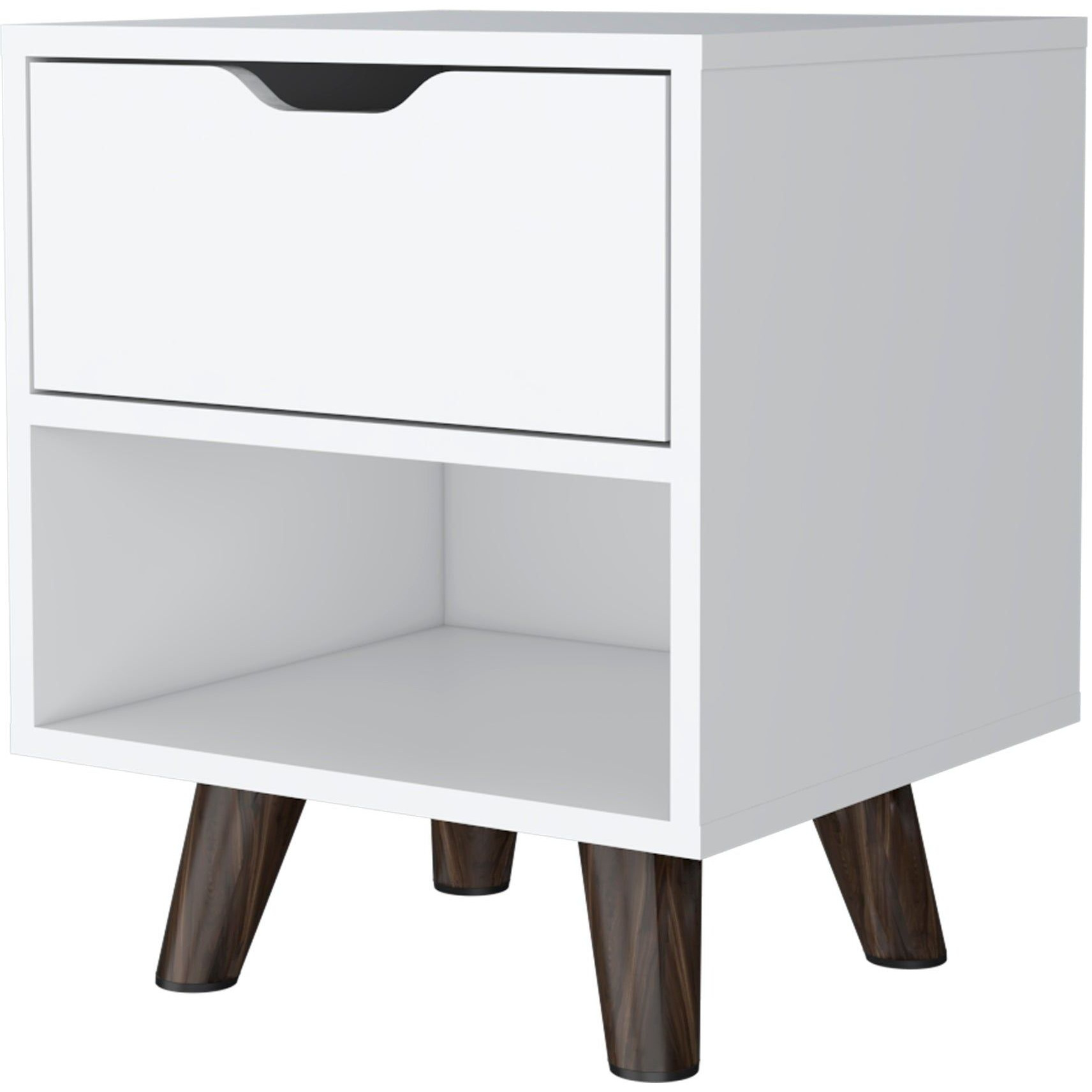Carthage Nightstand With 1-Drawer  1-Open Storage Shelf And Wooden Legs  White