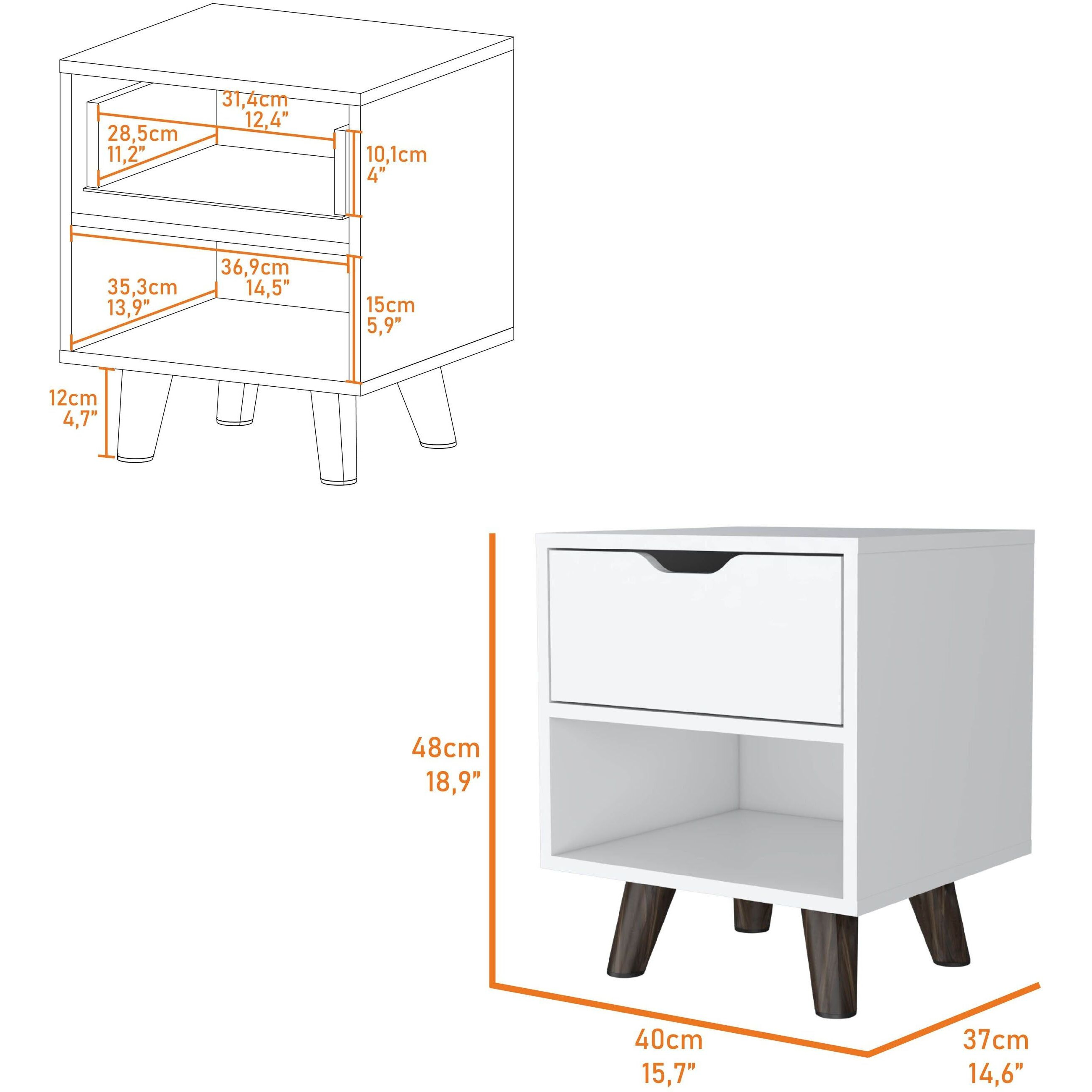Carthage Nightstand With 1-Drawer  1-Open Storage Shelf And Wooden Legs  White