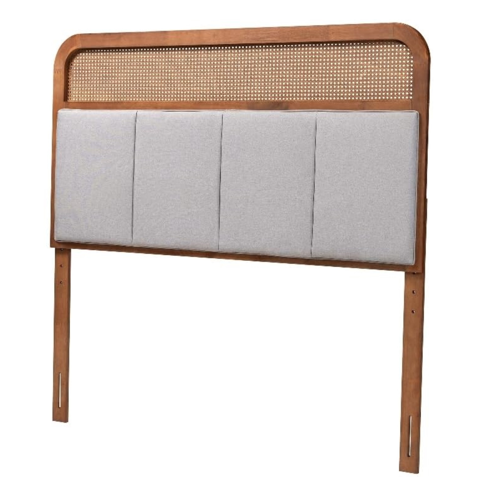 Baxton Studio Esti Mid-Century Modern Light Grey Fabric And Ash Walnut Finished Wood King Size Headboard With Rattan