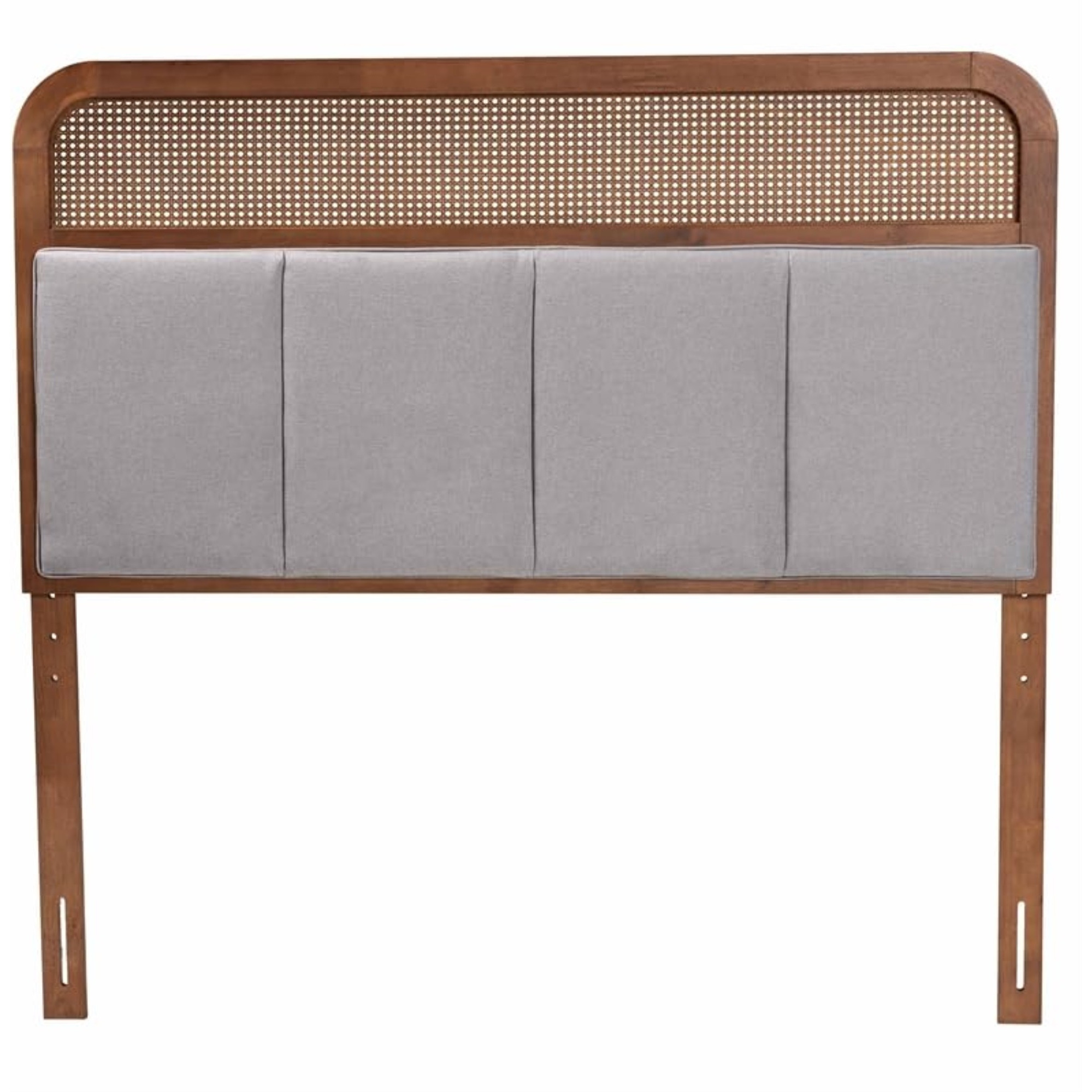 Baxton Studio Esti Mid-Century Modern Light Grey Fabric And Ash Walnut Finished Wood King Size Headboard With Rattan