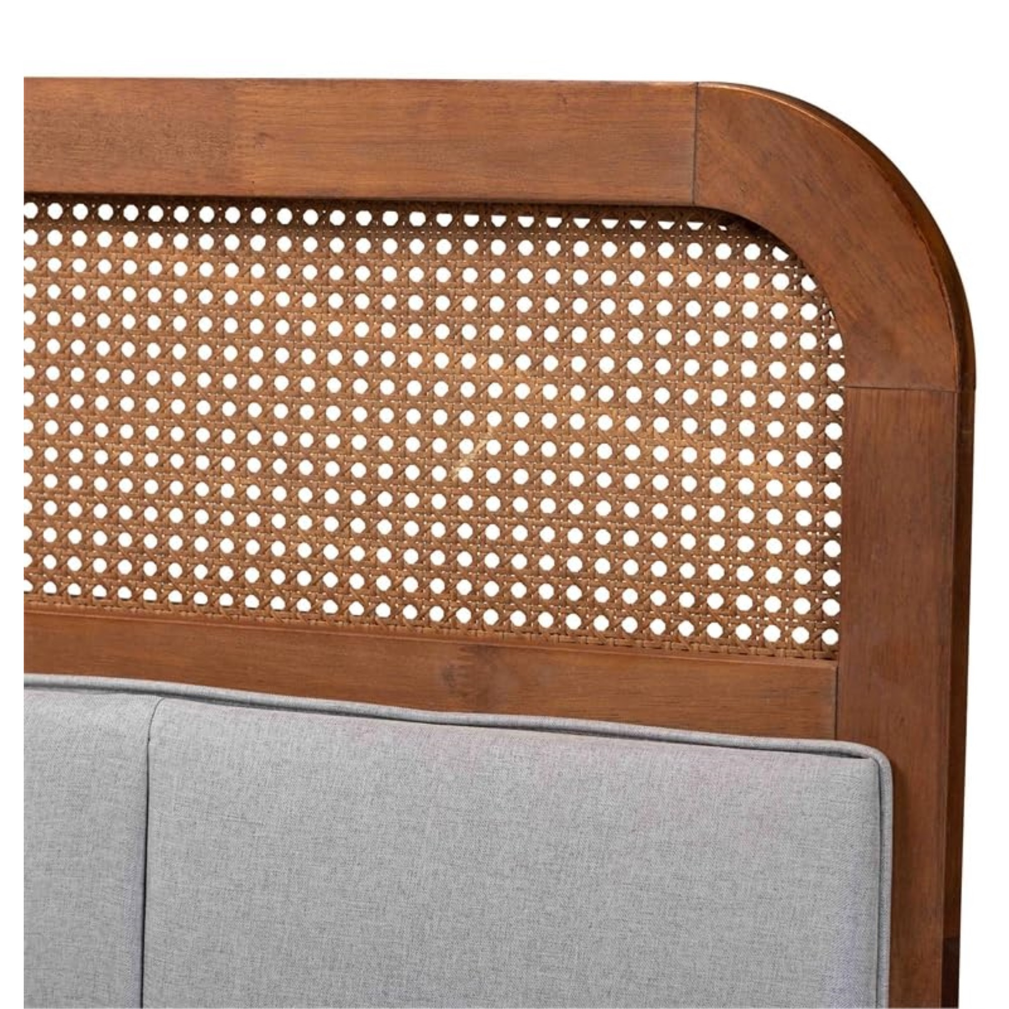 Baxton Studio Esti Mid-Century Modern Light Grey Fabric And Ash Walnut Finished Wood King Size Headboard With Rattan