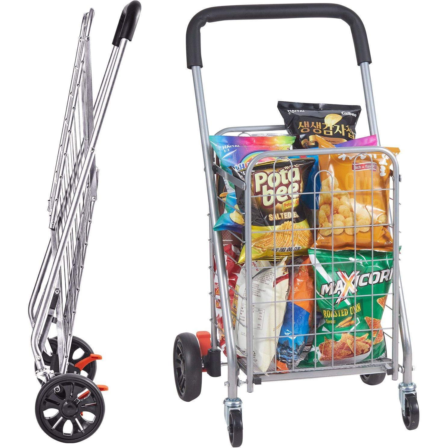 Vevor Folding Shopping Cart  66 Lbs Max Load Capacity  Grocery Utility Cart With Rolling Swivel Wheels  Heavy Duty Foldable Laundry Basket Trolley Compact Lightweight Collapsible For Luggage  Silver