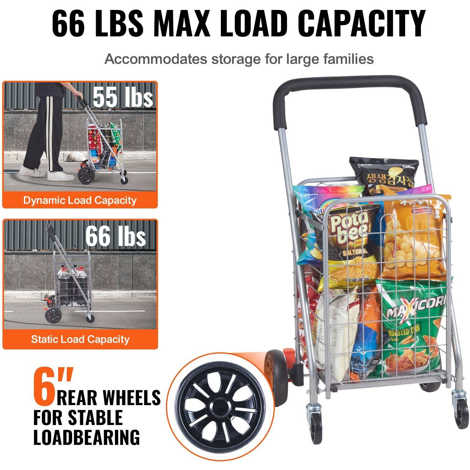 Vevor Folding Shopping Cart  66 Lbs Max Load Capacity  Grocery Utility Cart With Rolling Swivel Wheels  Heavy Duty Foldable Laundry Basket Trolley Compact Lightweight Collapsible For Luggage  Silver