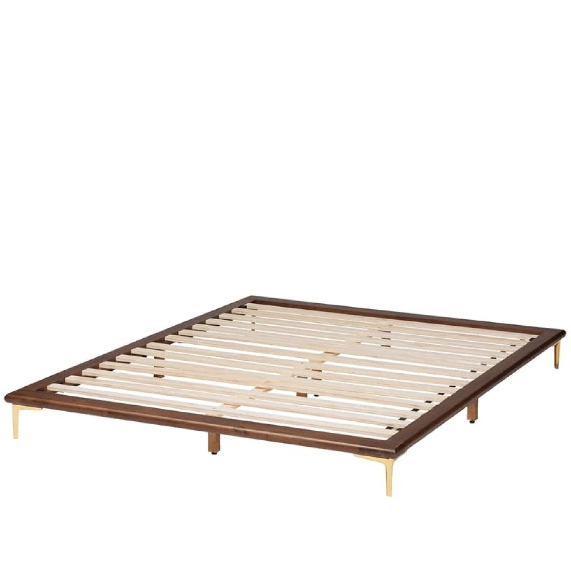 Baxton Studio Channary Mid-Century Modern Transitional Walnut Brown Finished Wood And Gold Metal King Size Bed Frame