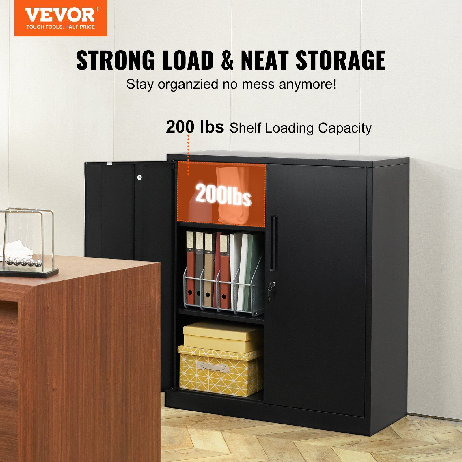 Vevor Metal Storage Cabinet With 2 Magnetic Doors And 2 Adjustable Shelves  200 Lbs Capacity Per Shelf  Locking Steel Storage Cabinet  42'' Metal Cabinet With 3 Keys  For Home  Office  Garage