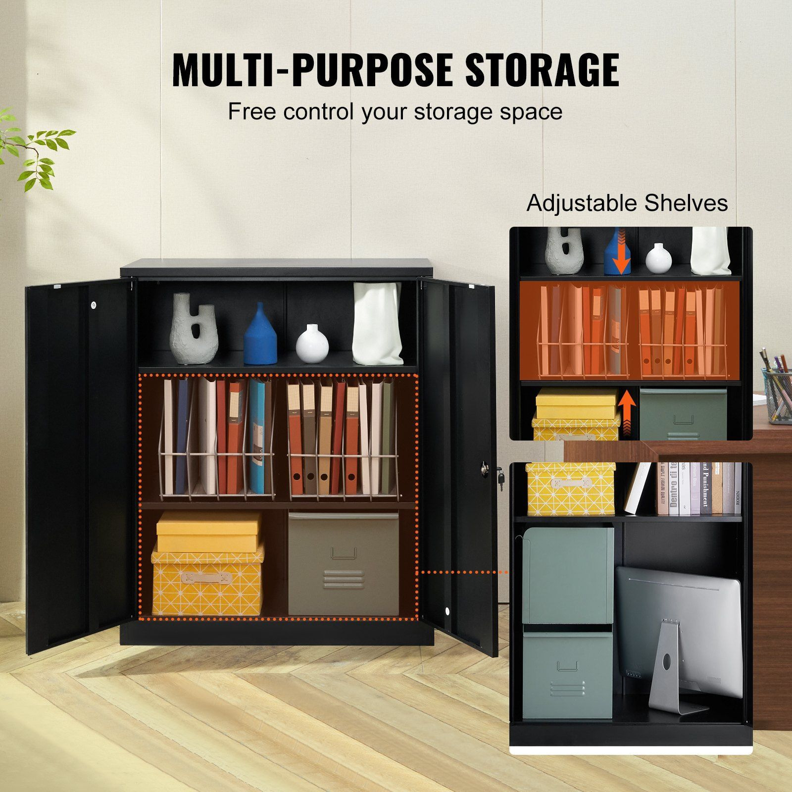 Vevor Metal Storage Cabinet With 2 Magnetic Doors And 2 Adjustable Shelves  200 Lbs Capacity Per Shelf  Locking Steel Storage Cabinet  42'' Metal Cabinet With 3 Keys  For Home  Office  Garage