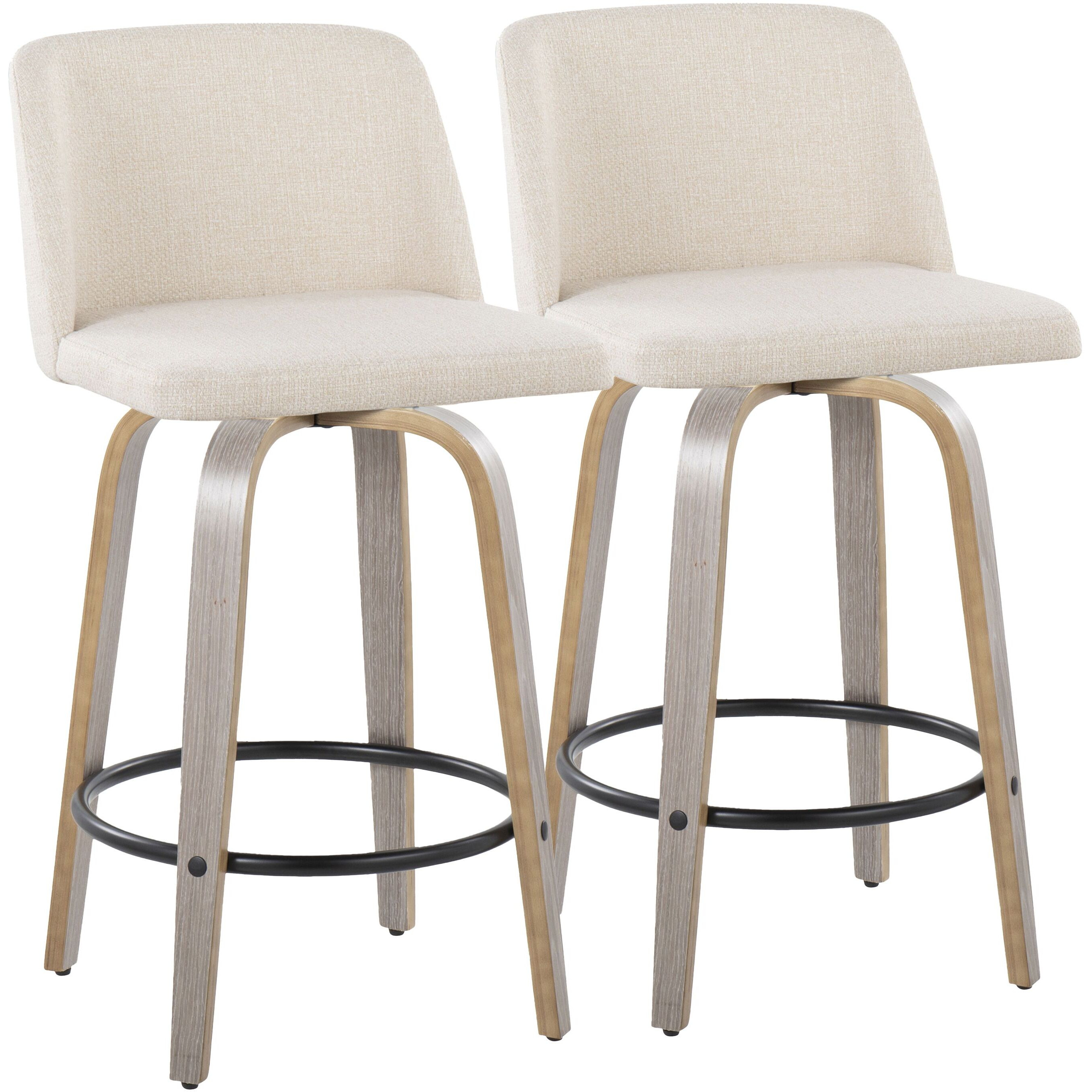 Toriano 26"" Contemporary Fixed Height Counter Stool With Swivel In Light Grey Wood And Cream Noise Fabric With Round Black Metal Footrest By Lumisource - Set Of 2