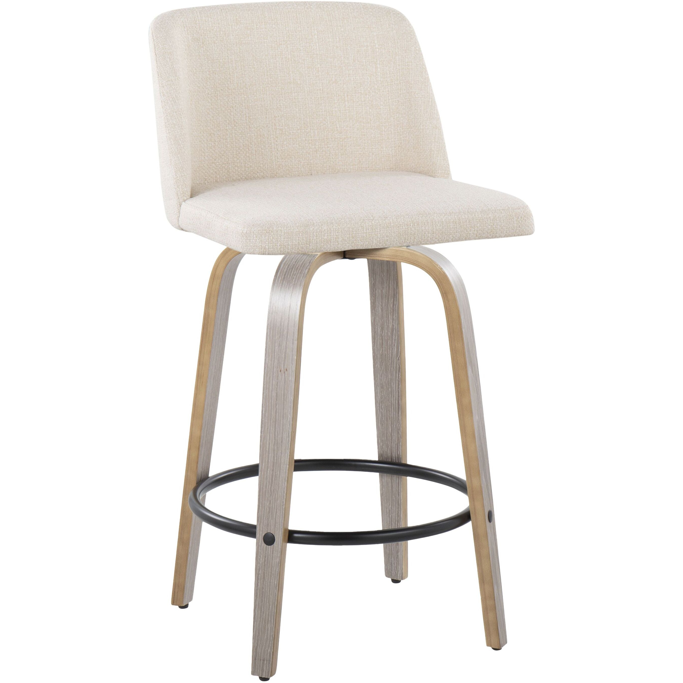 Toriano 26"" Contemporary Fixed Height Counter Stool With Swivel In Light Grey Wood And Cream Noise Fabric With Round Black Metal Footrest By Lumisource - Set Of 2