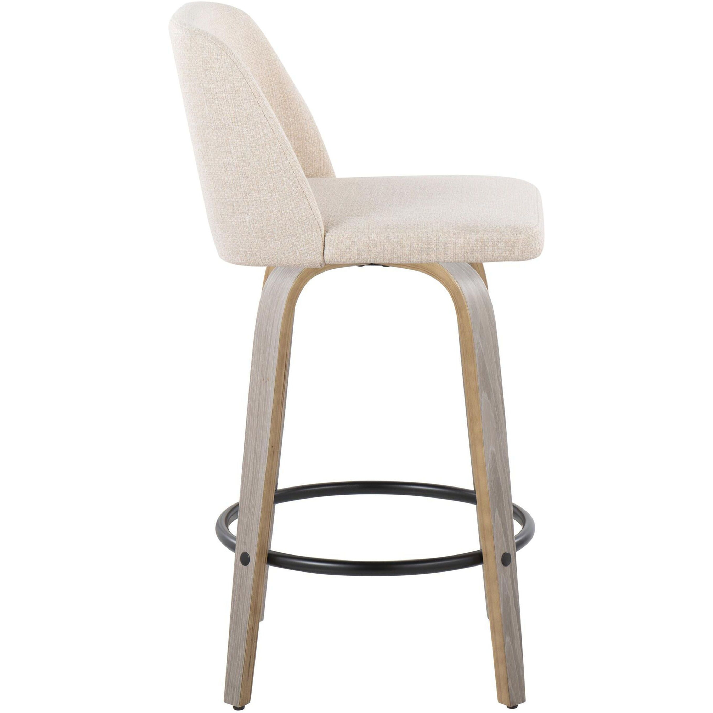 Toriano 26"" Contemporary Fixed Height Counter Stool With Swivel In Light Grey Wood And Cream Noise Fabric With Round Black Metal Footrest By Lumisource - Set Of 2