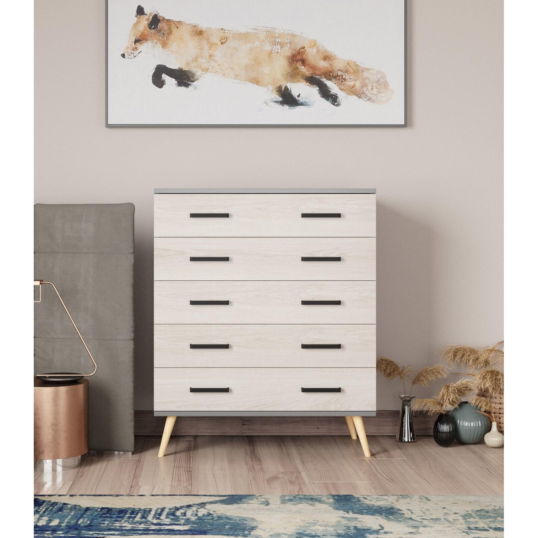 Eli Mid-Century Modern 5 Drawer Chest In Dark Gray & Honey Oak Color
