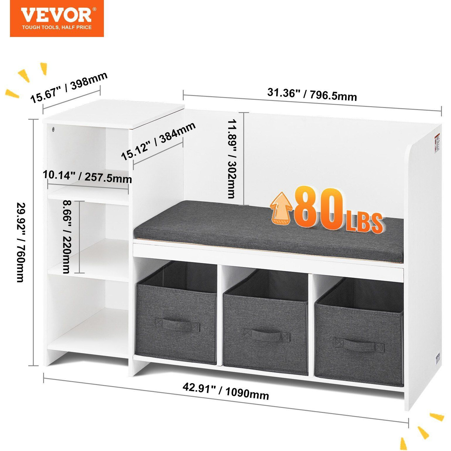 Vevor Kids Reading Nook Bench  Toddler Bookshelf And Bookcase With Detachable Seat Cushion  6-Cubby Storage Organizer Bench With 3 Drawers  Ideal For Playroom  Bedroom  Living Room Or Entryway  White