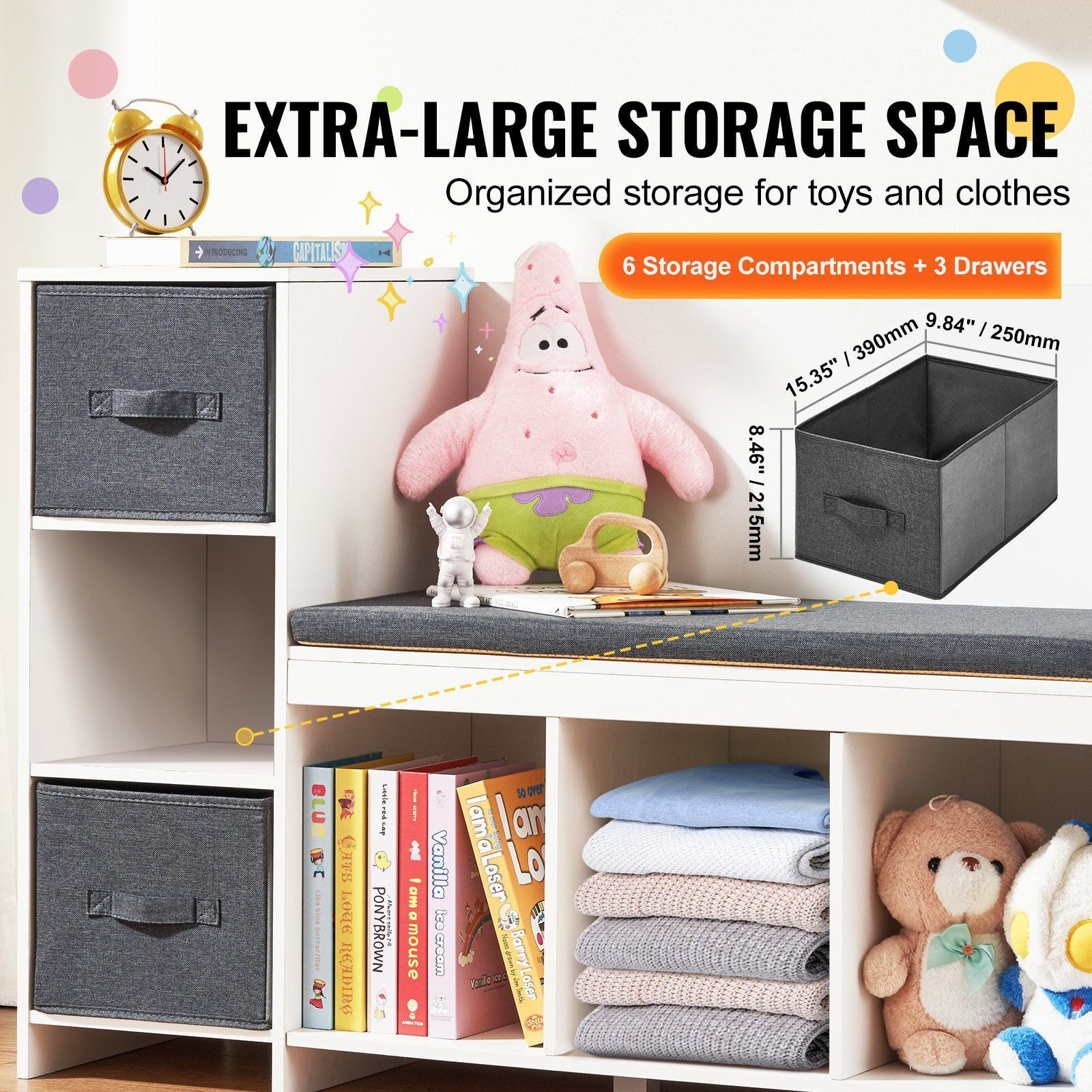 Vevor Kids Reading Nook Bench  Toddler Bookshelf And Bookcase With Detachable Seat Cushion  6-Cubby Storage Organizer Bench With 3 Drawers  Ideal For Playroom  Bedroom  Living Room Or Entryway  White