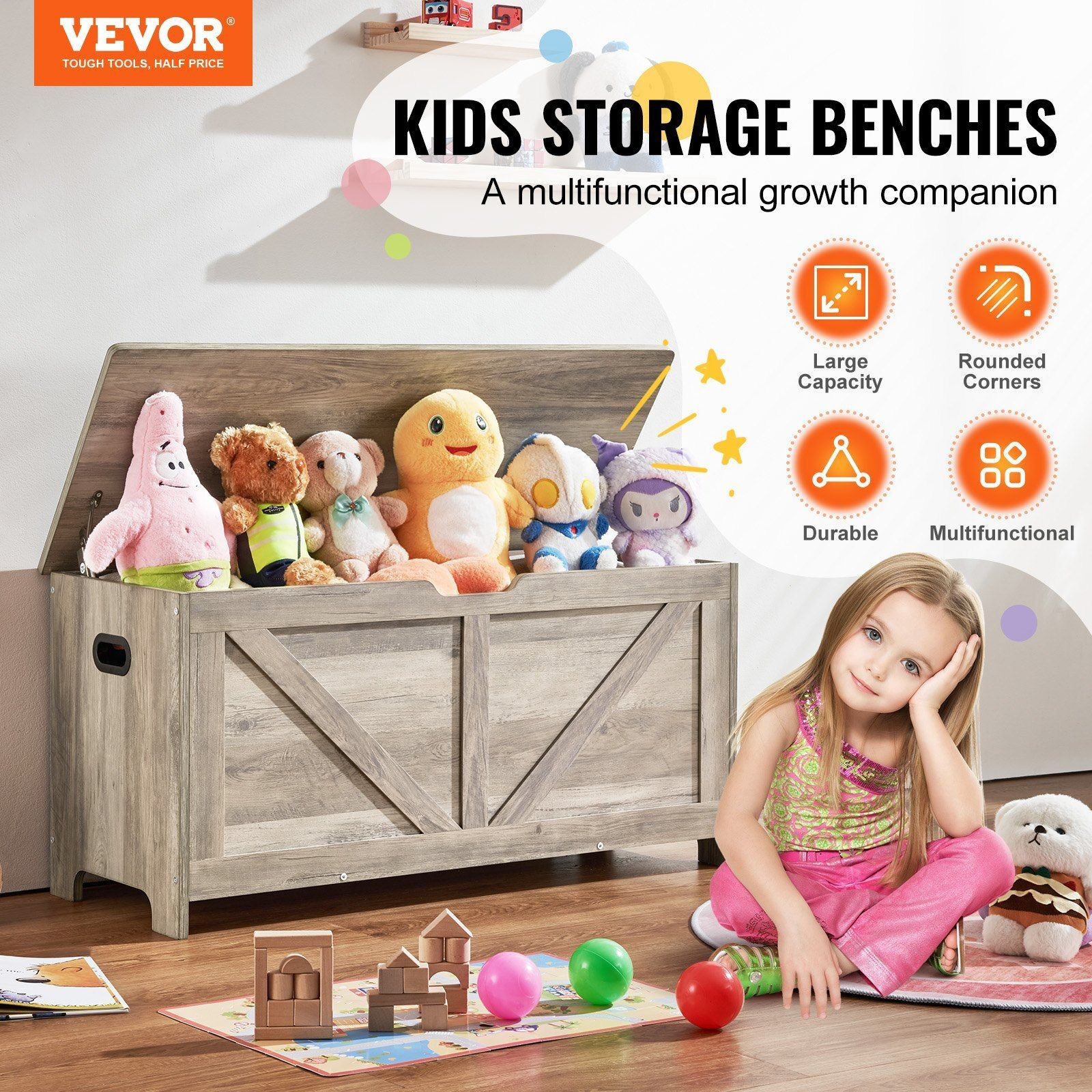 Vevor Wooden Toy Chest For Kids  Toddler Toy Storage Box With Flip-Top Lid And Safety Hinge  38.98 X 15.55 X 18.9 Large Kids Storage Bench For Playroom  Bedroom  Living Room Or Entryway  Gray