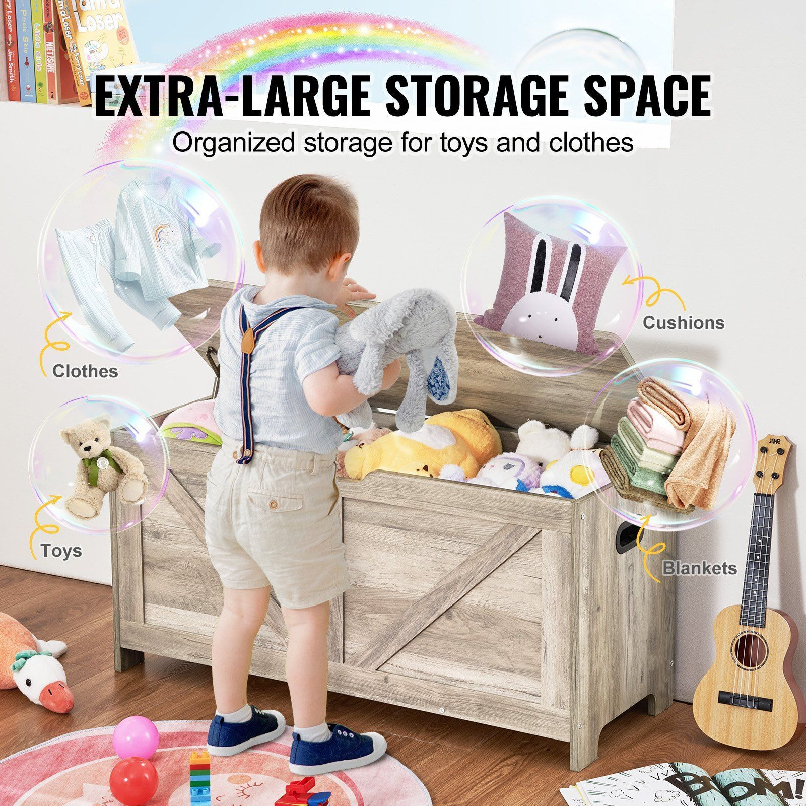 Vevor Wooden Toy Chest For Kids  Toddler Toy Storage Box With Flip-Top Lid And Safety Hinge  38.98 X 15.55 X 18.9 Large Kids Storage Bench For Playroom  Bedroom  Living Room Or Entryway  Gray