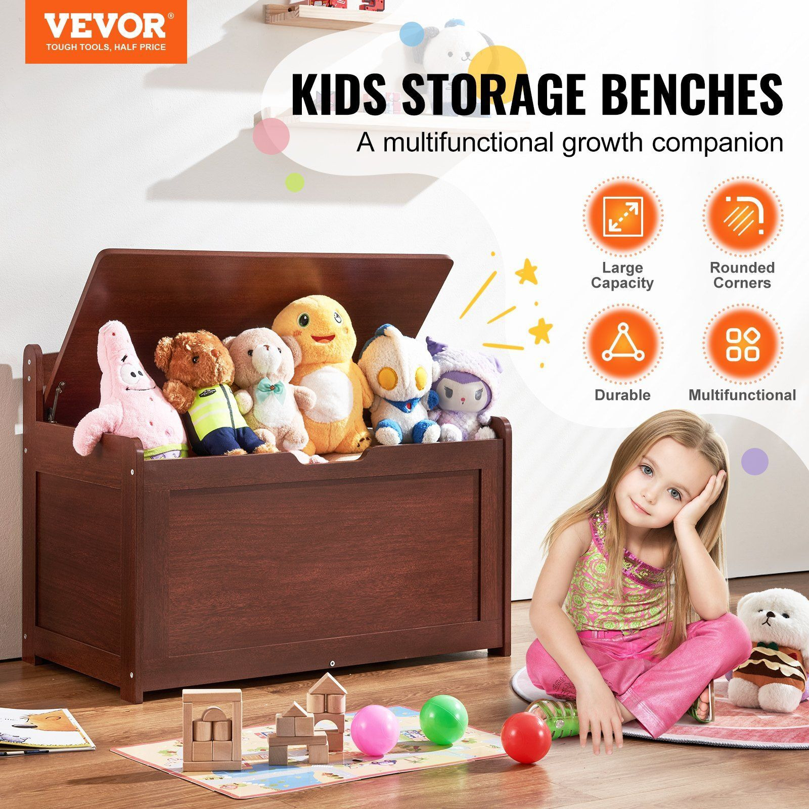 Vevor Wooden Toy Chest For Kids  Toddler Toy Storage Box With Flip-Top Lid And Safety Hinge  32.68 X 17.91 X 24.02 Large Kids Storage Bench For Playroom  Bedroom  Living Room Or Entryway  Cherry