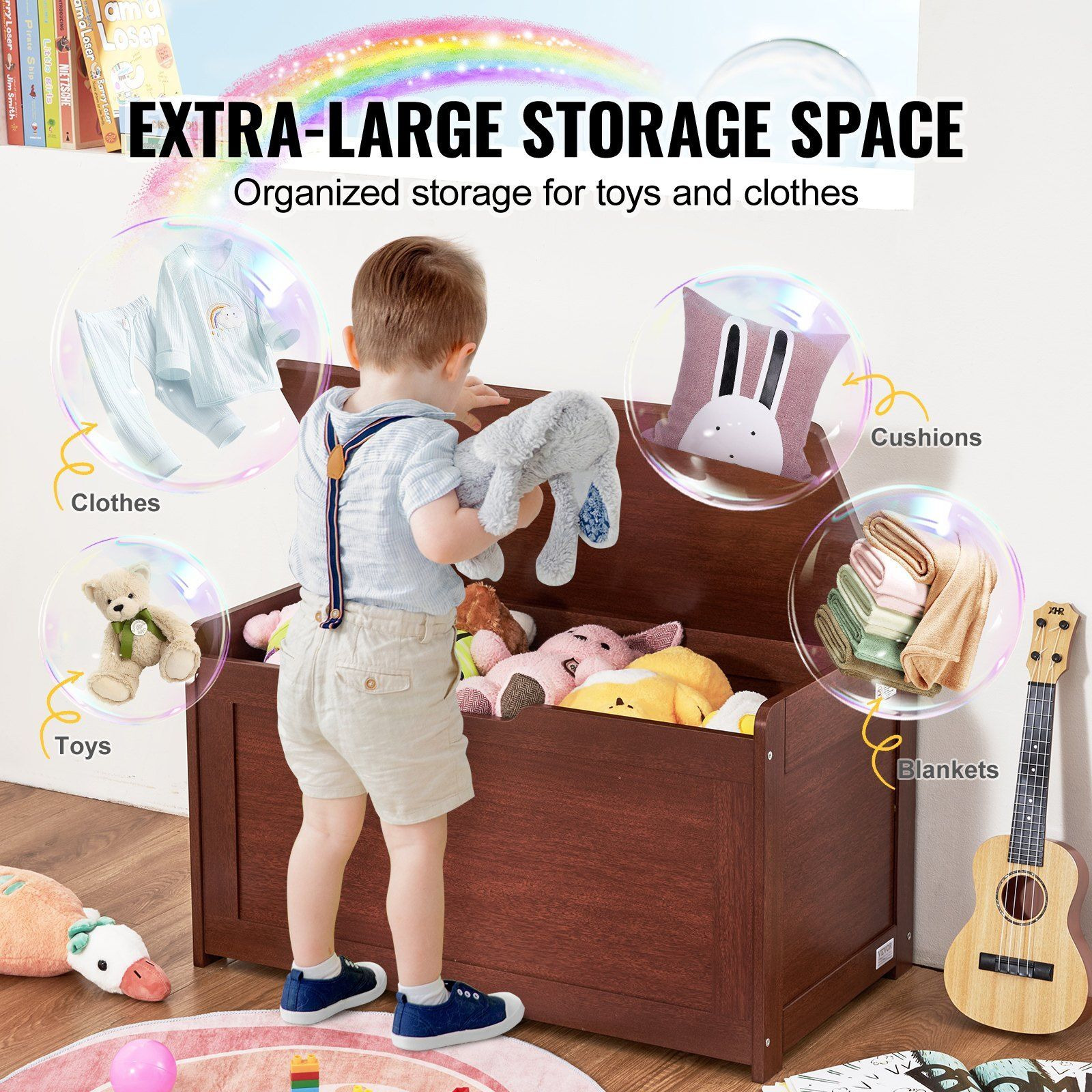 Vevor Wooden Toy Chest For Kids  Toddler Toy Storage Box With Flip-Top Lid And Safety Hinge  32.68 X 17.91 X 24.02 Large Kids Storage Bench For Playroom  Bedroom  Living Room Or Entryway  Cherry