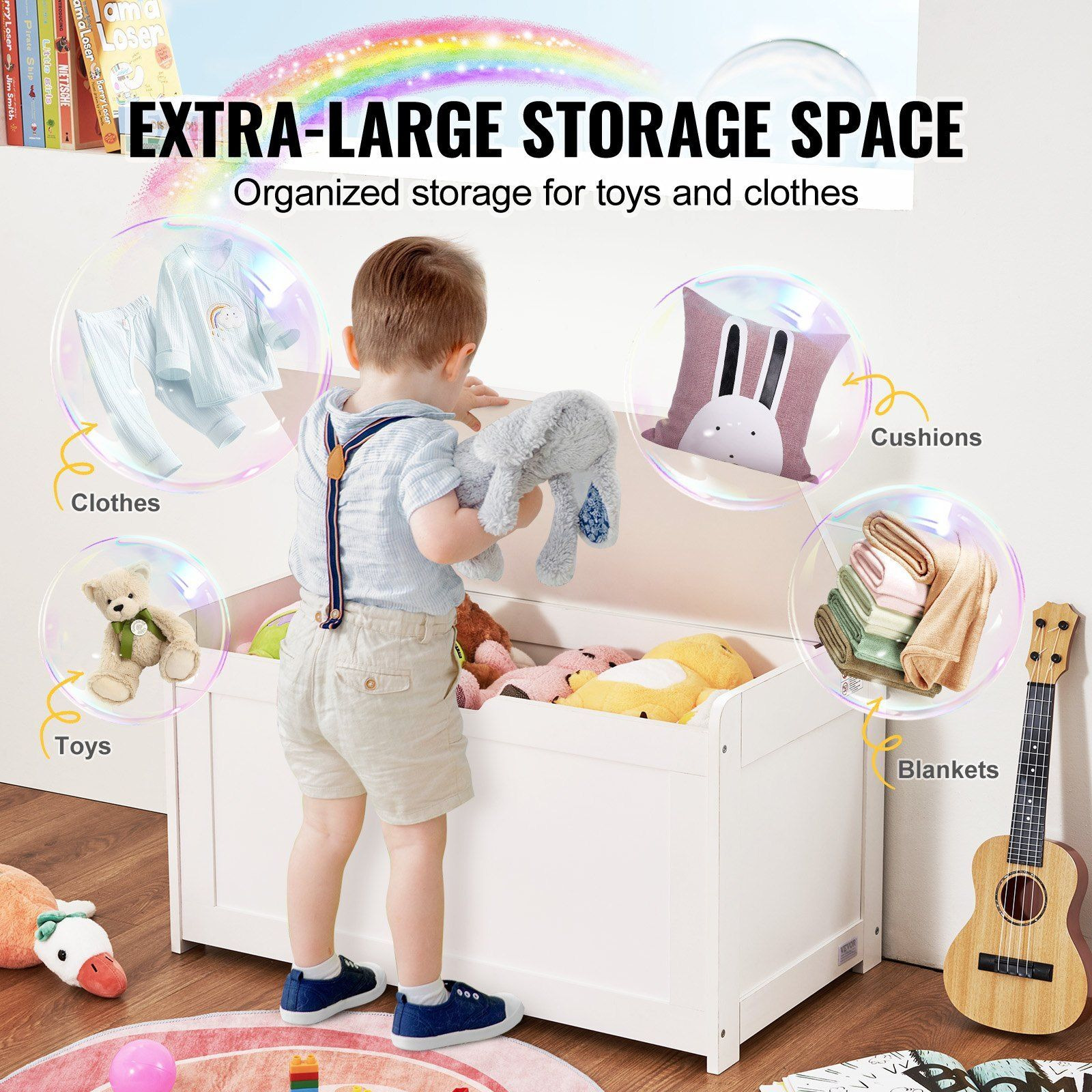 Vevor Wooden Toy Chest For Kids  Toddler Toy Storage Box With Flip-Top Lid And Safety Hinge  32.68 X 17.91 X 24.02 Large Kids Storage Bench For Playroom  Bedroom  Living Room Or Entryway  White