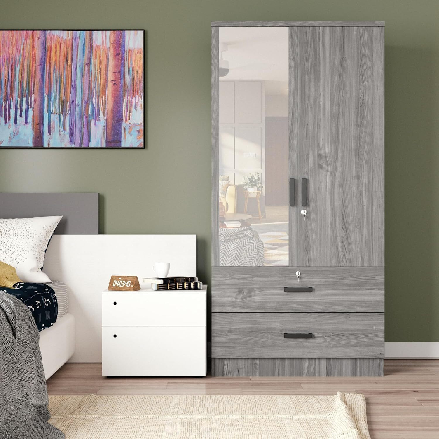 Mirrored 2 Doors Wardrobe & 2 Drawers 72"" Tall