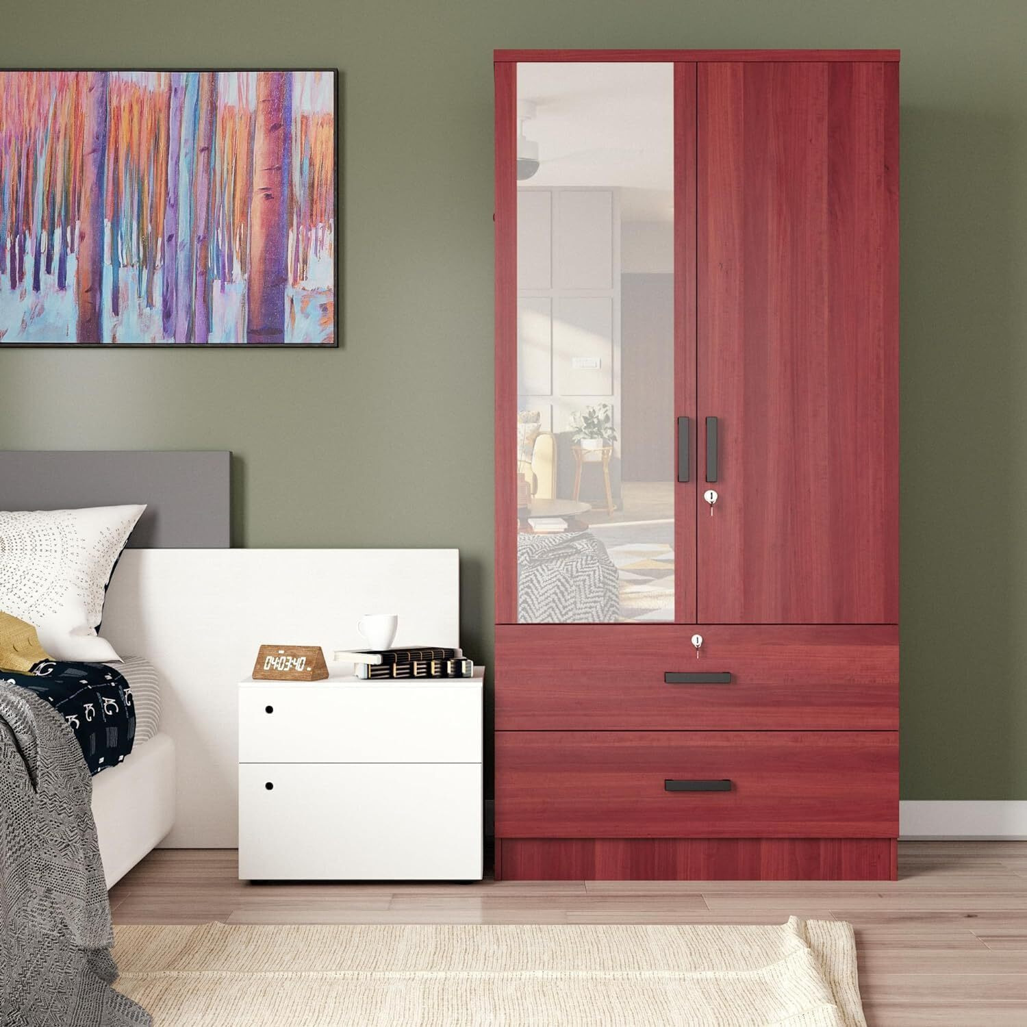 Mirrored 2 Doors Wardrobe & 2 Drawers 72"" Tall