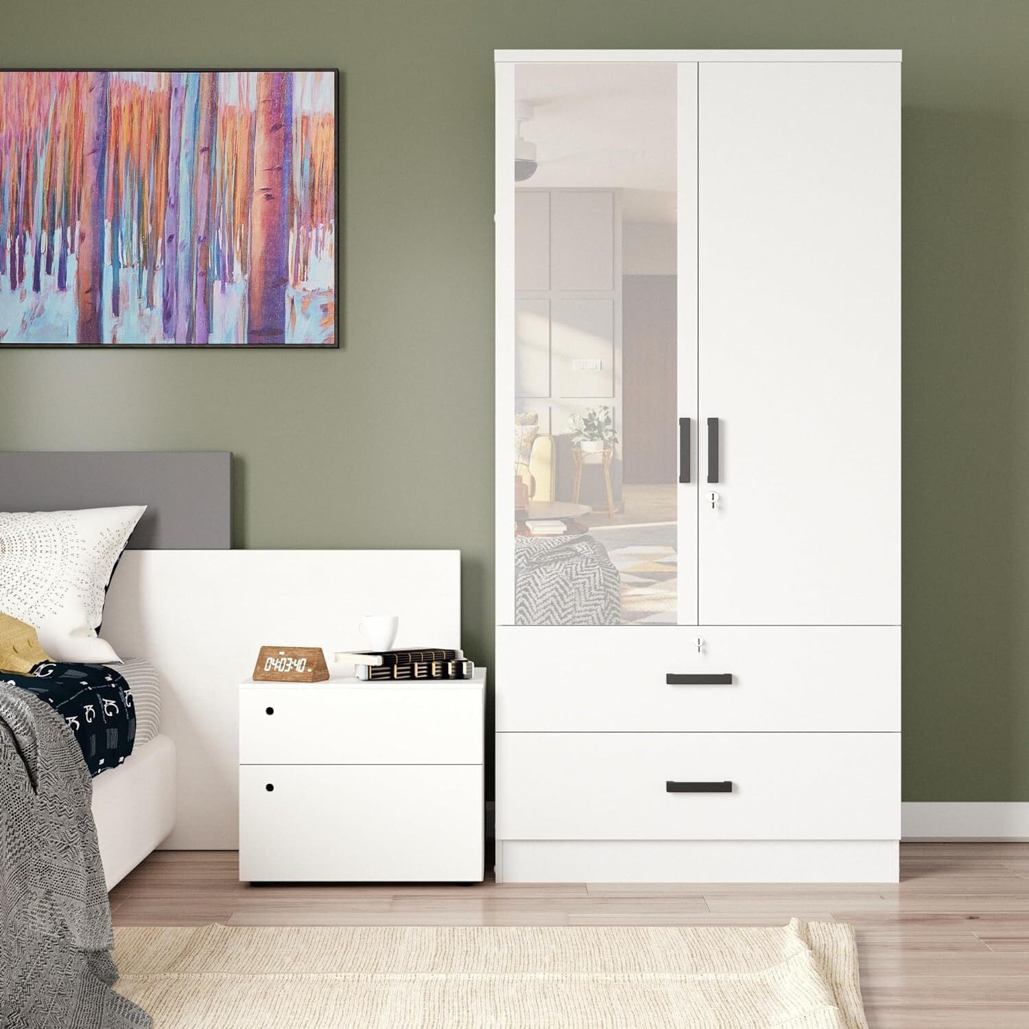 Mirrored 2 Doors Wardrobe & 2 Drawers 72"" Tall