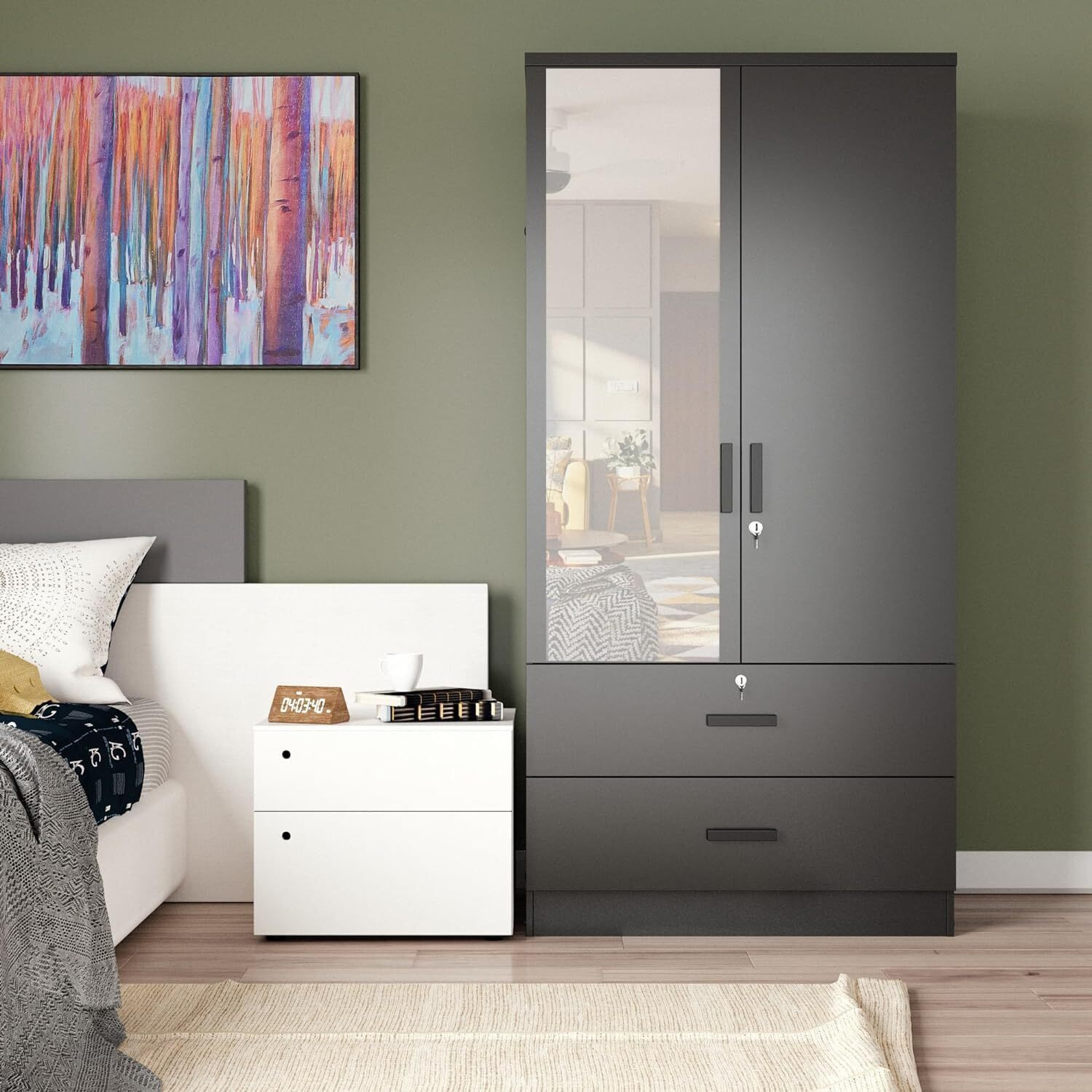 Mirrored 2 Doors Wardrobe & 2 Drawers 72"" Tall