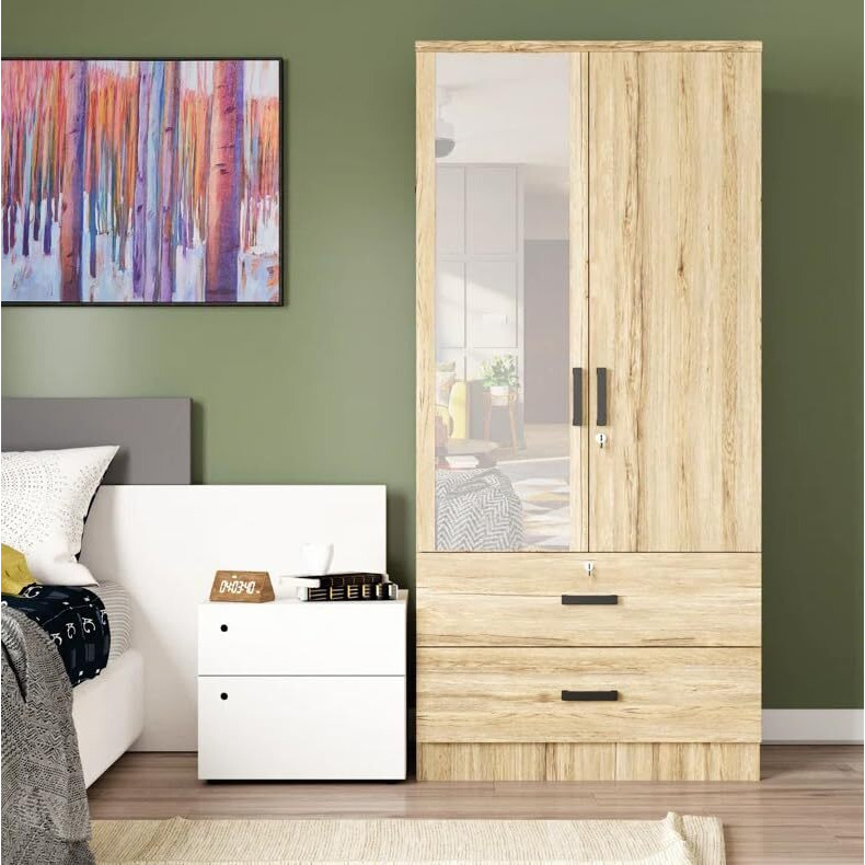 Mirrored 2 Doors Wardrobe & 2 Drawers 72"" Tall