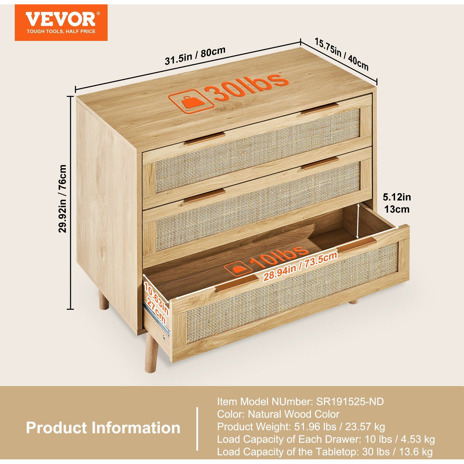 Vevor 3 Drawer Rattan Dresser  Boho Dresser  Rattan Chest Of Drawers With Spacious Storage  Natural Rattan Dresser For Bedroom  Living Room  Rattan Nightstand With Sturdy Handles&Legs  Natural Wood