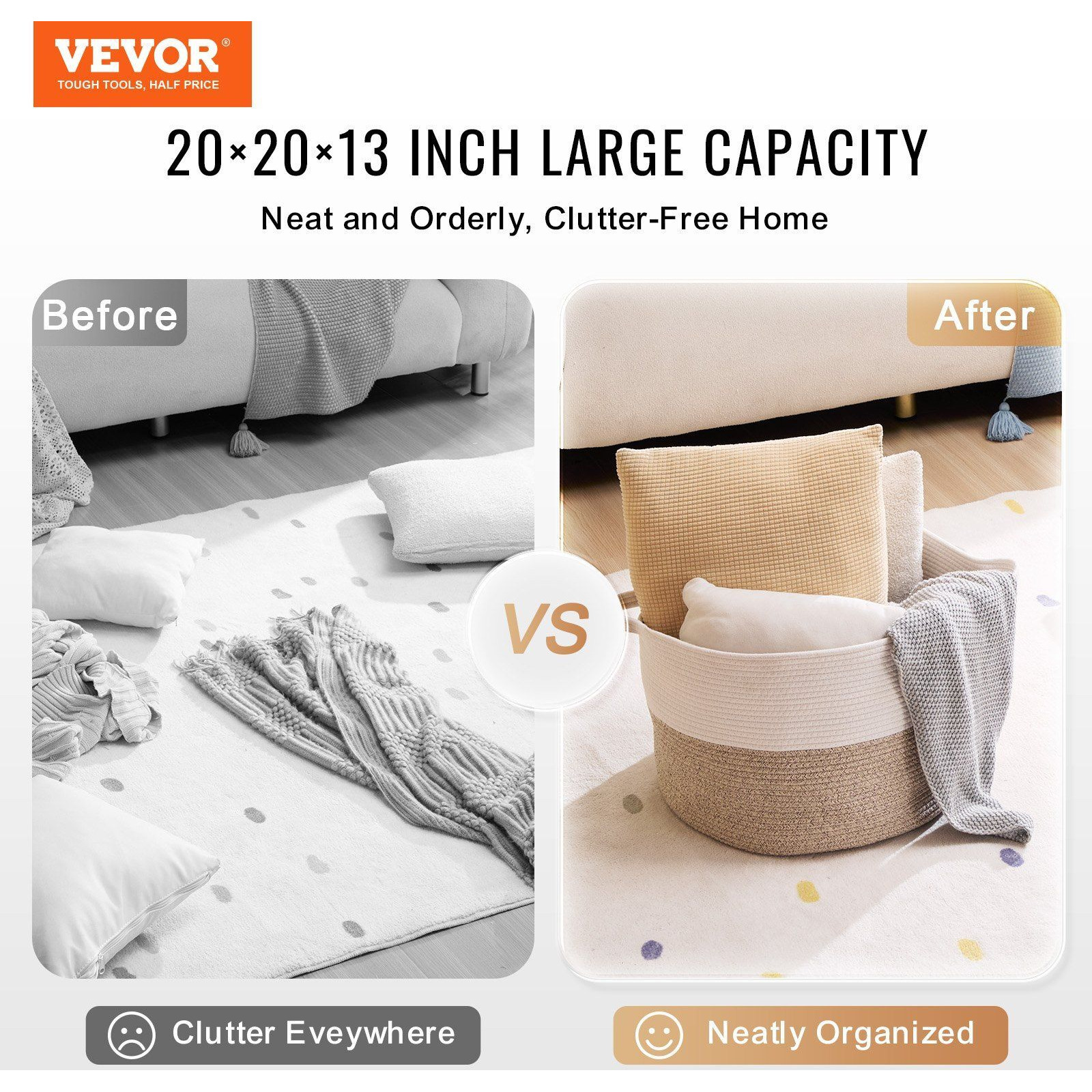 Vevor Cotton Rope Storage Basket 67L Woven Blanket Basket 20 X 20 X 13 In