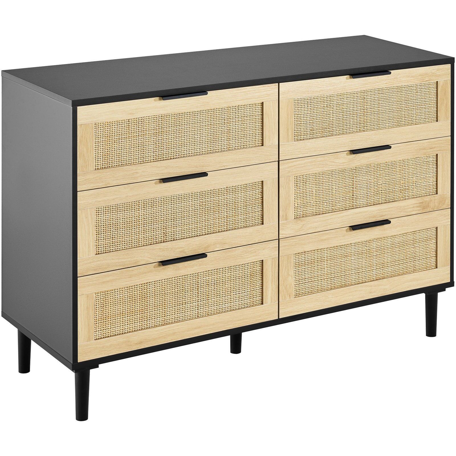 Vevor 6 Drawer Rattan Dresser  Boho Dresser  Rattan Chest Of Drawers With Spacious Storage  Natural Rattan Dresser For Bedroom  Living Room & Hallway  Rattan Nightstand With Sturdy Handles&Legs  Black