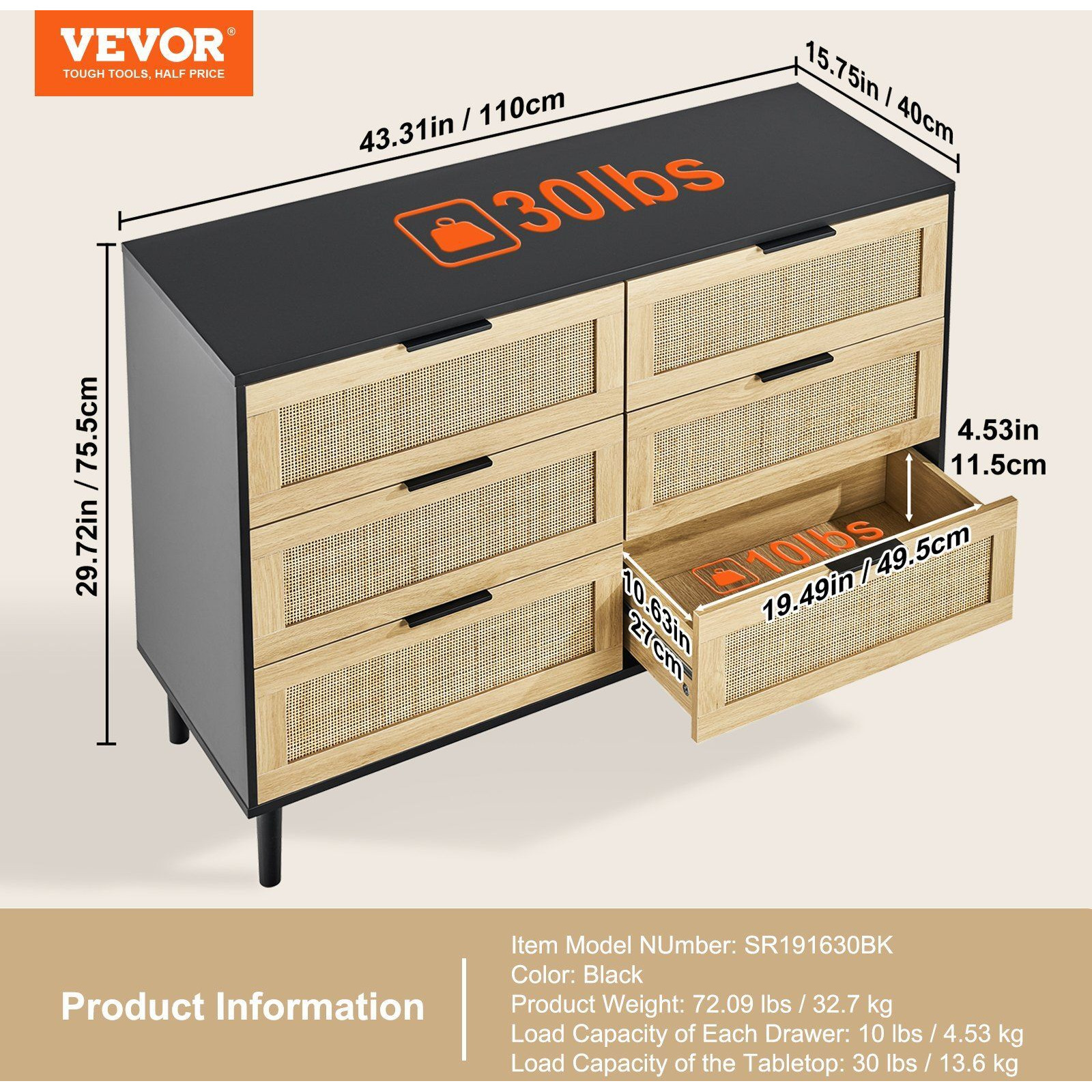 Vevor 6 Drawer Rattan Dresser  Boho Dresser  Rattan Chest Of Drawers With Spacious Storage  Natural Rattan Dresser For Bedroom  Living Room & Hallway  Rattan Nightstand With Sturdy Handles&Legs  Black