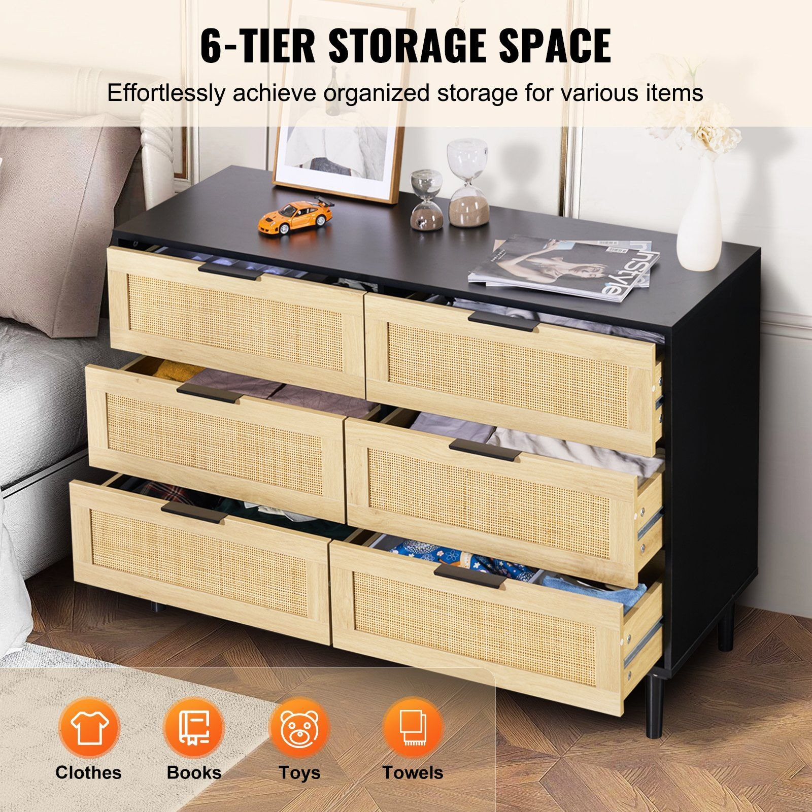 Vevor 6 Drawer Rattan Dresser  Boho Dresser  Rattan Chest Of Drawers With Spacious Storage  Natural Rattan Dresser For Bedroom  Living Room & Hallway  Rattan Nightstand With Sturdy Handles&Legs  Black
