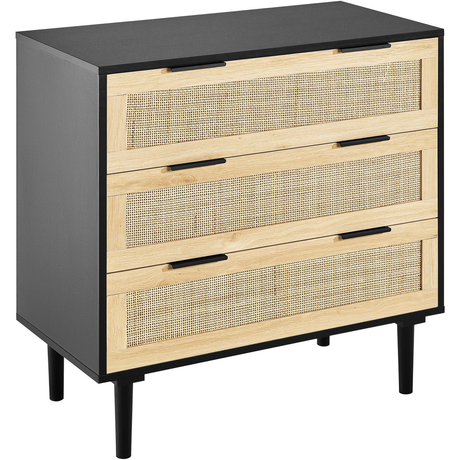 Vevor 3 Drawer Rattan Dresser  Boho Dresser  Rattan Chest Of Drawers With Spacious Storage  Natural Rattan Dresser For Bedroom  Living Room & Hallway  Rattan Nightstand With Sturdy Handles&Legs  Black