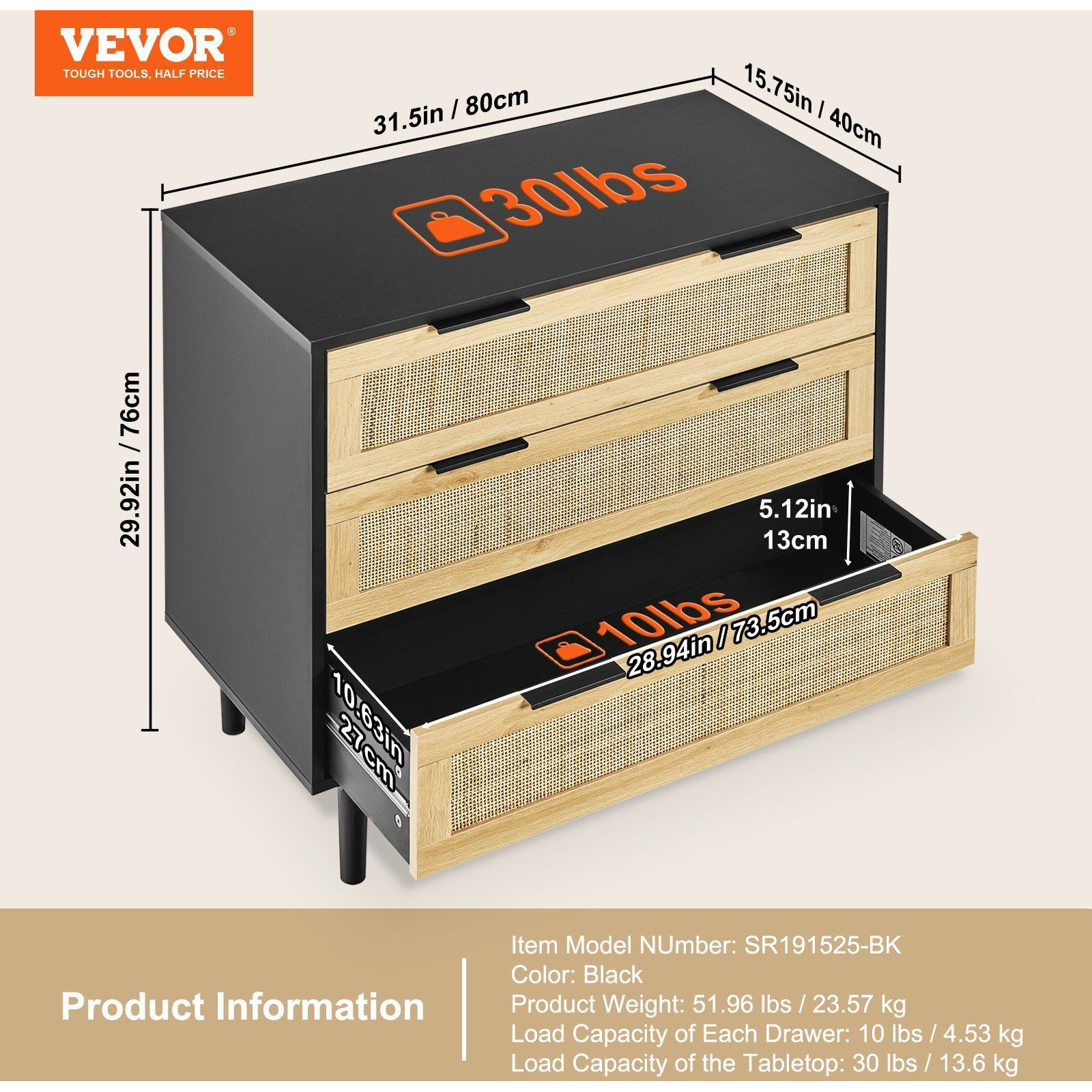 Vevor 3 Drawer Rattan Dresser  Boho Dresser  Rattan Chest Of Drawers With Spacious Storage  Natural Rattan Dresser For Bedroom  Living Room & Hallway  Rattan Nightstand With Sturdy Handles&Legs  Black