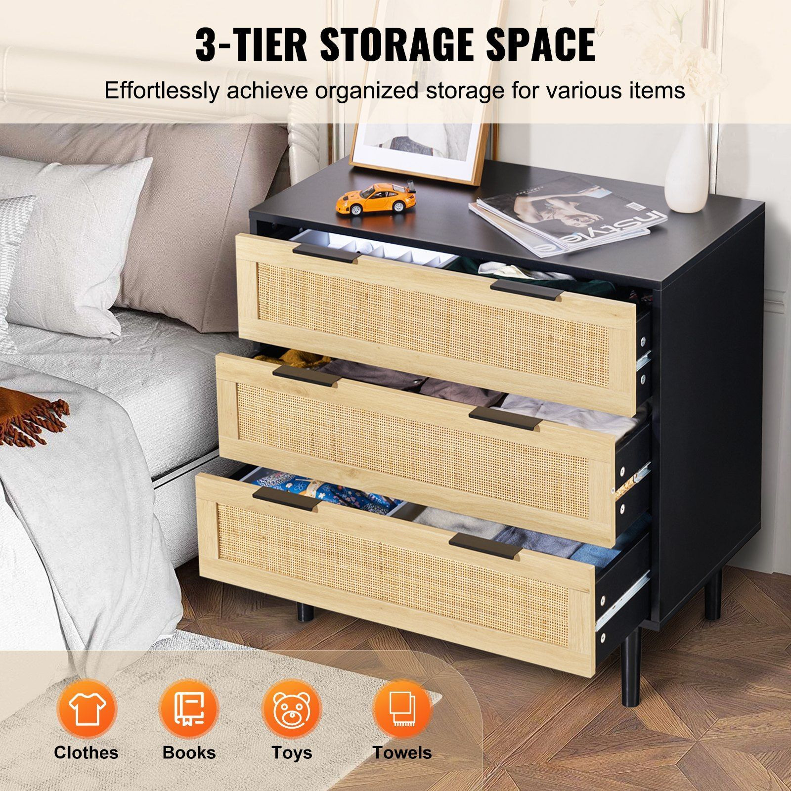Vevor 3 Drawer Rattan Dresser  Boho Dresser  Rattan Chest Of Drawers With Spacious Storage  Natural Rattan Dresser For Bedroom  Living Room & Hallway  Rattan Nightstand With Sturdy Handles&Legs  Black