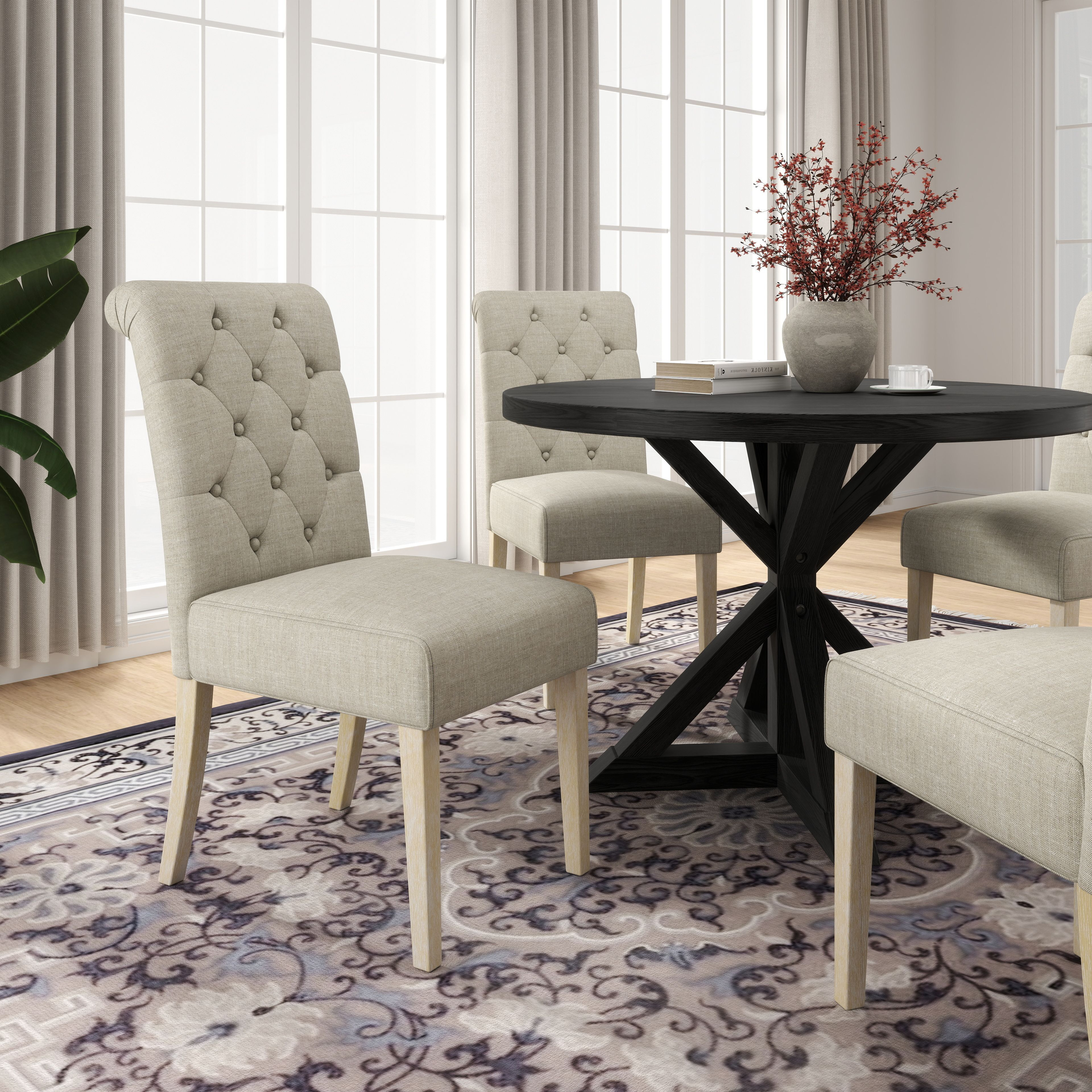 Banff 5-Piece Dining Set  Cross-Buck Round Table With 4 Tufted Chairs  Tan