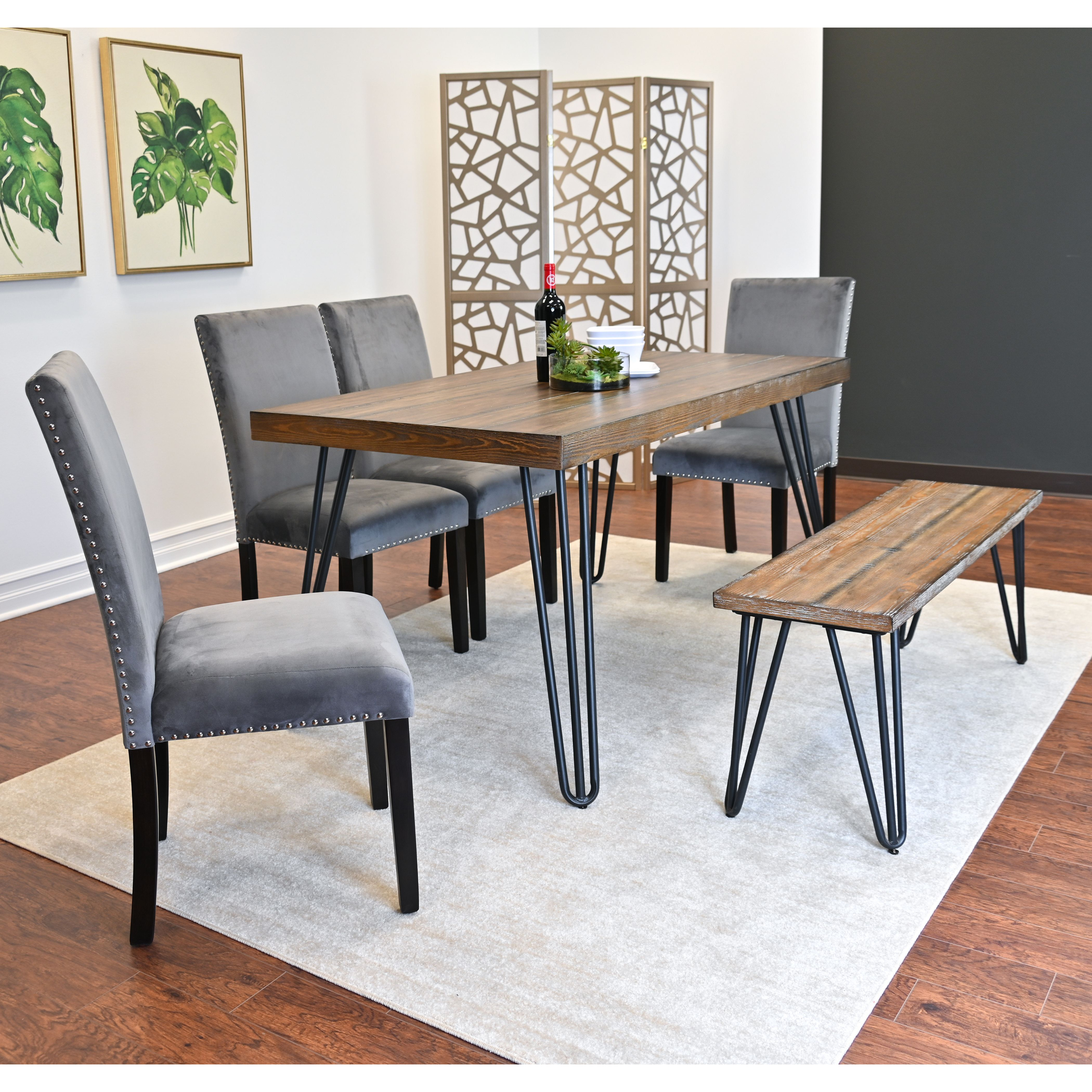 Ashzo 6-Piece Dining Set  Hairpin Dining Table With 4 Chairs And Bench  3 Color Options