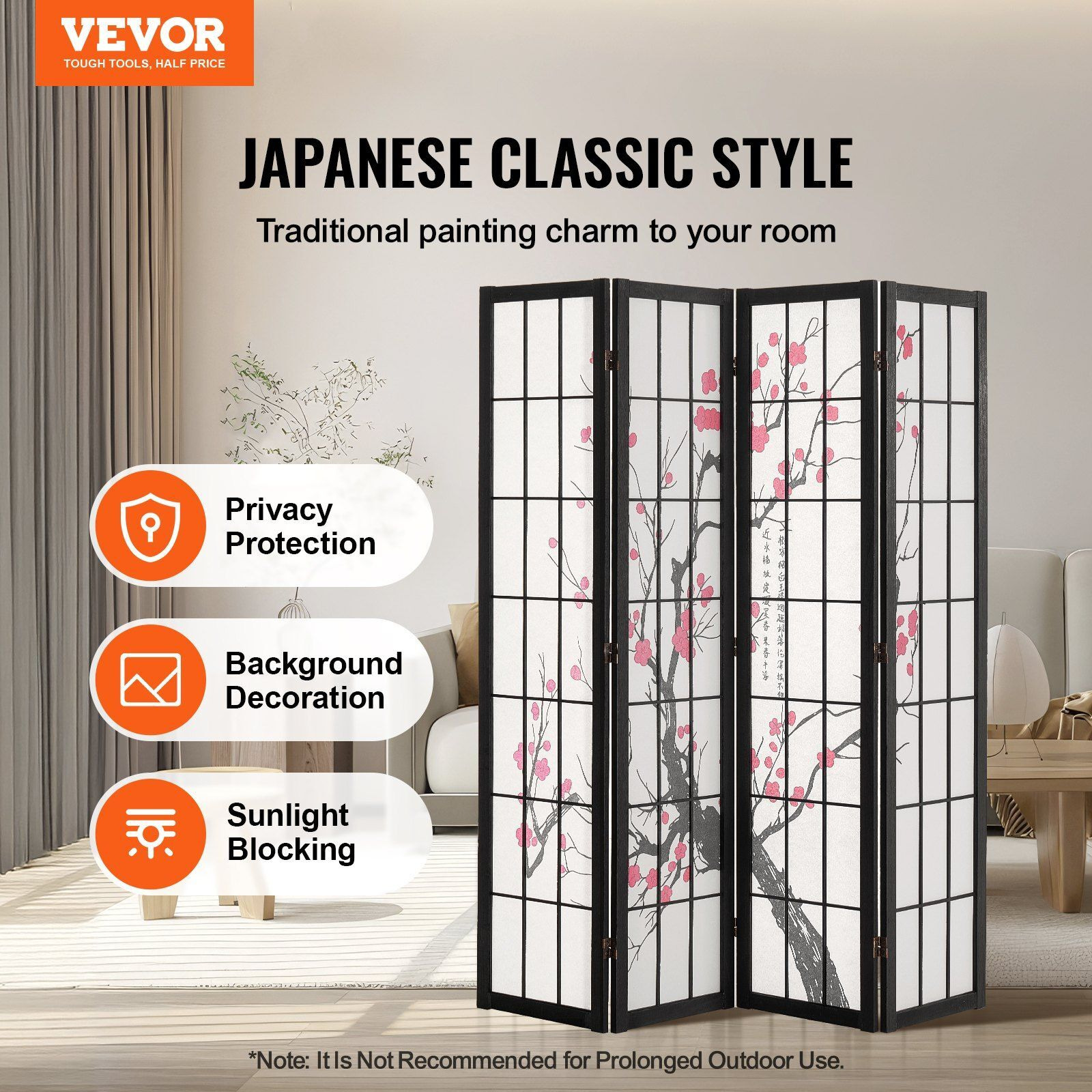 Vevor Room Divider  4 Panel Japanese Room Divider Screen  Wood Folding Privacy Screen Indoor  Japanese Partition Portable Decoration Dividers  For Room Separation Home Office Restaurant & Bedroom