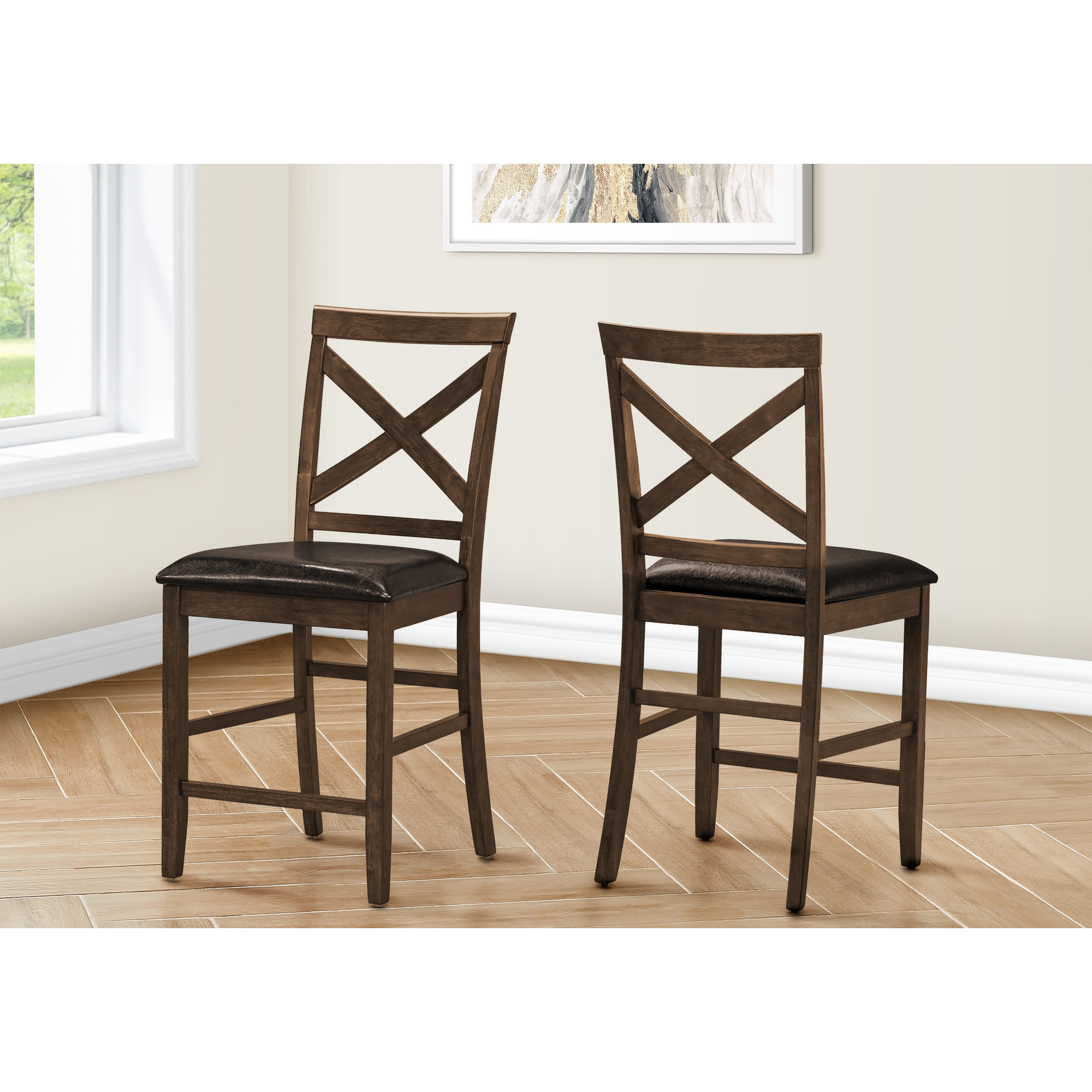 Dining Chair  44"" Height  Set Of 2  Side  Upholstered  Counter Height  Dining Room  Kitchen  Dark Walnut  Brown Leather Look  Transitional