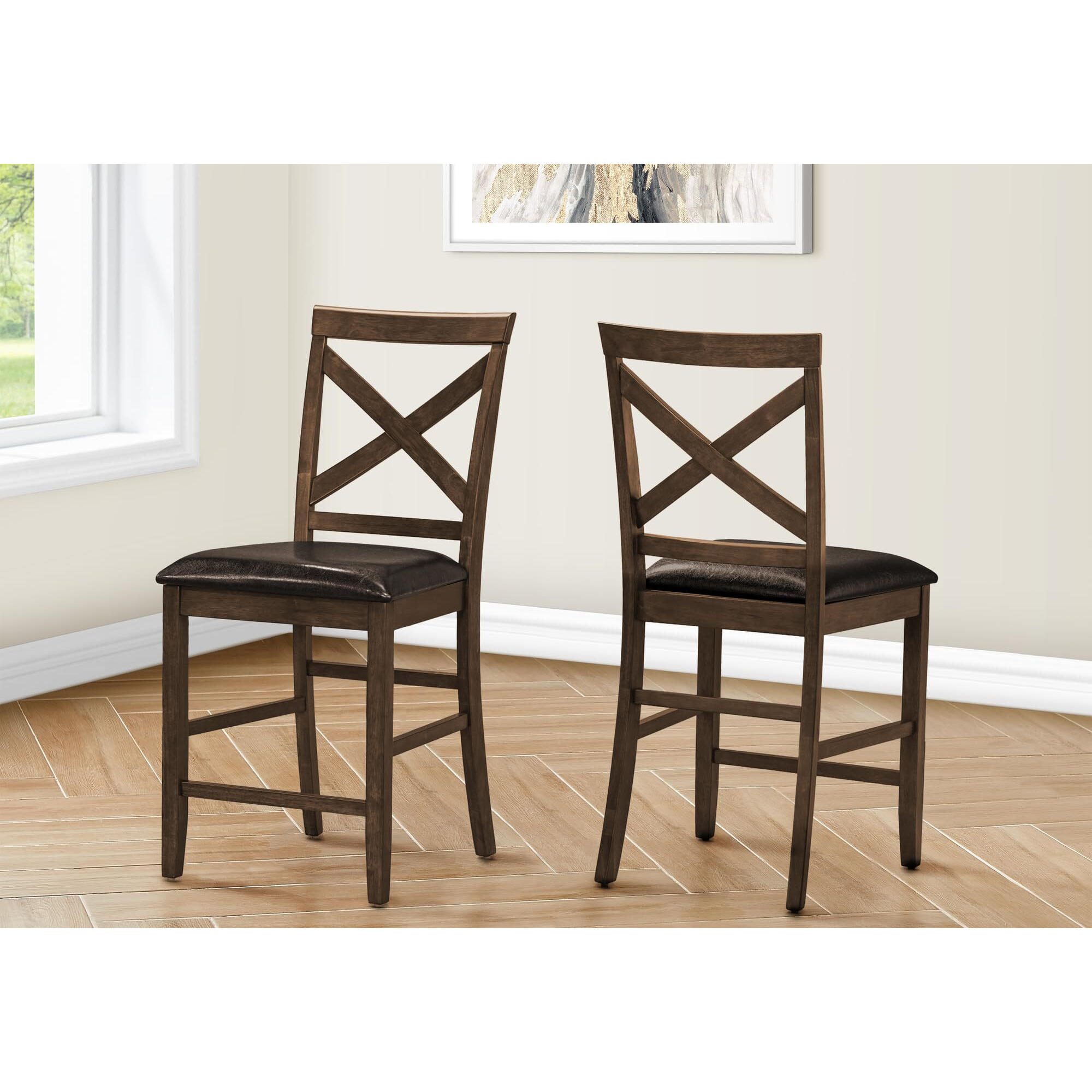 Dining Chair  44"" Height  Set Of 2  Side  Upholstered  Counter Height  Dining Room  Kitchen  Dark Walnut  Brown Leather Look  Transitional