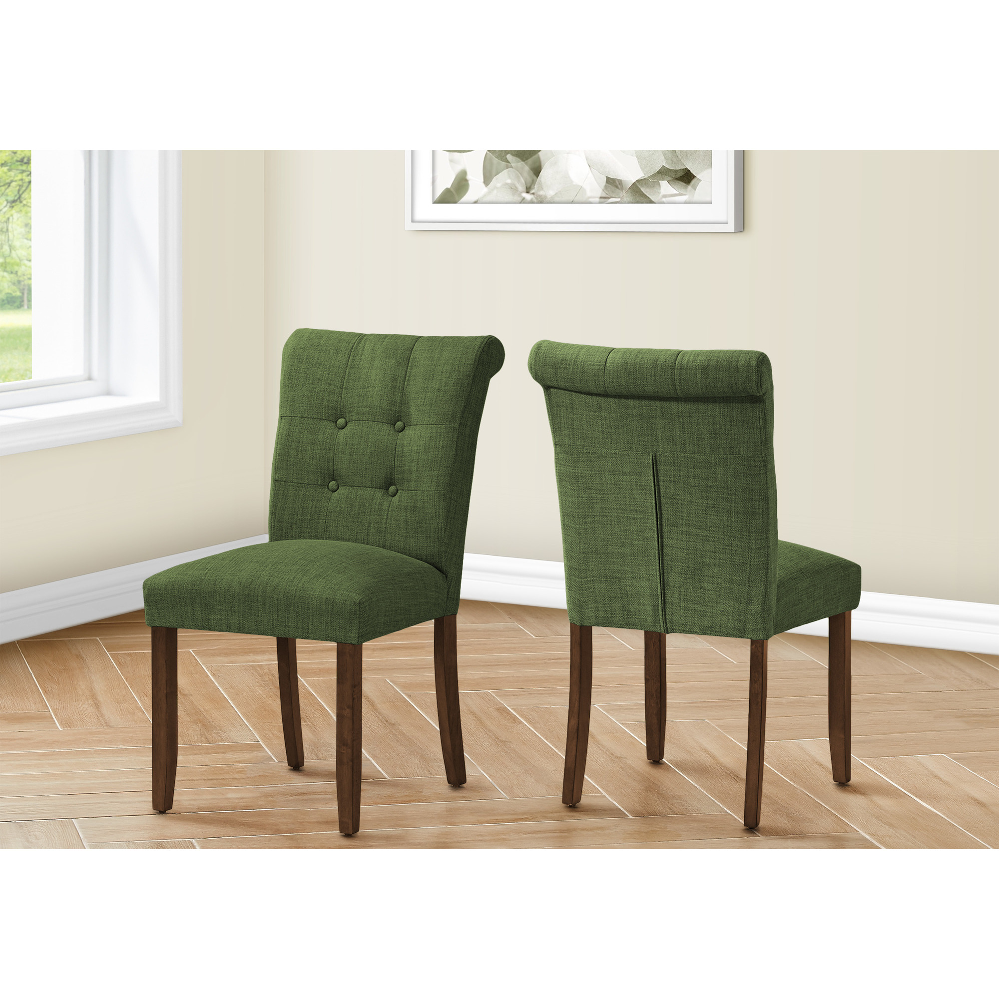 Dining Chair  38"" Height  Set Of 2  Upholstered  Dining Room  Side  Kitchen  Green Fabric  Walnut Wood Legs  Modern