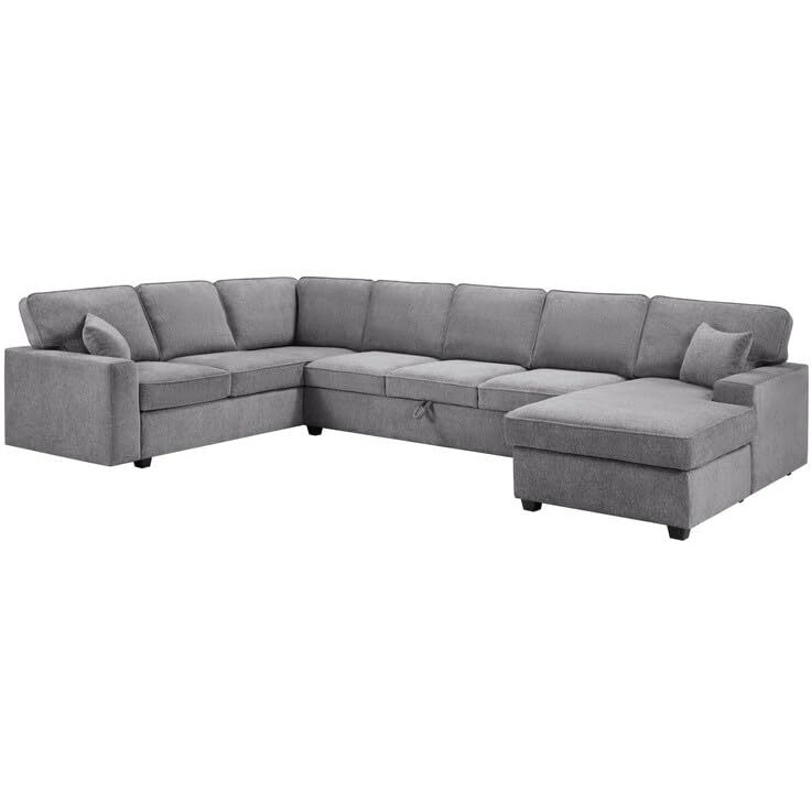 Samara 137"&quotW Gray Chenille Sectional Sofa With Right-Facing Chaise  Underseat Storage  Throw Pillows